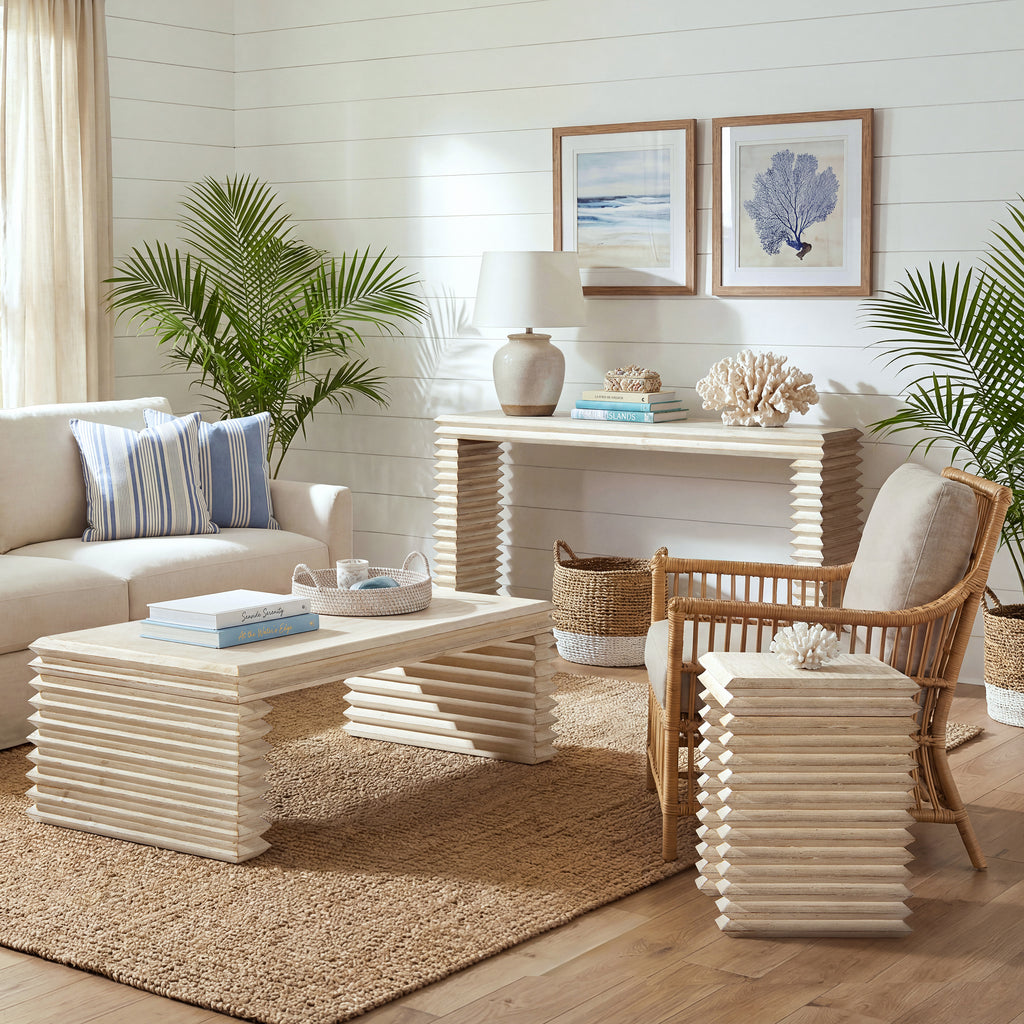 Veda 63" Reclaimed Wood Stacked Geometric Waterfall Console Table, Whitewashed