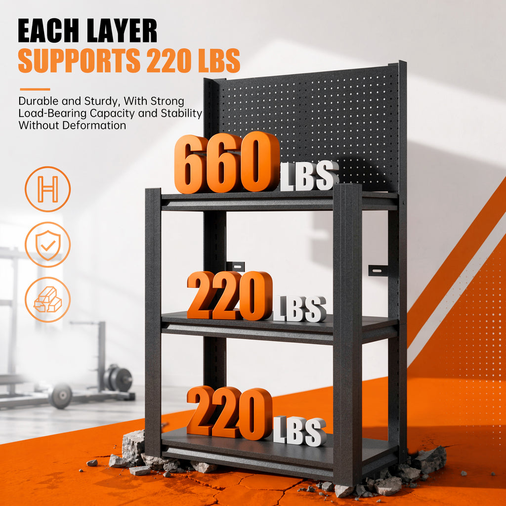 3-Tier Heavy-Duty Metal Storage Shelving Unit with Pegboard