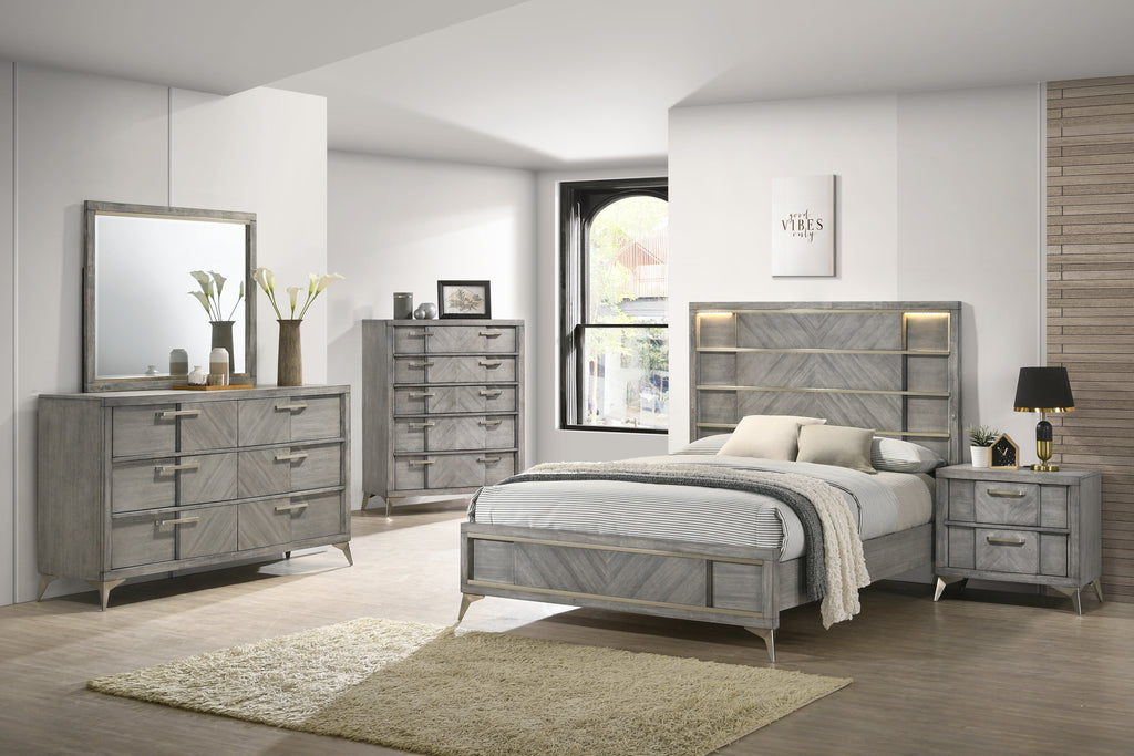 Gray Queen Storage Bed with Book Matched Veneer