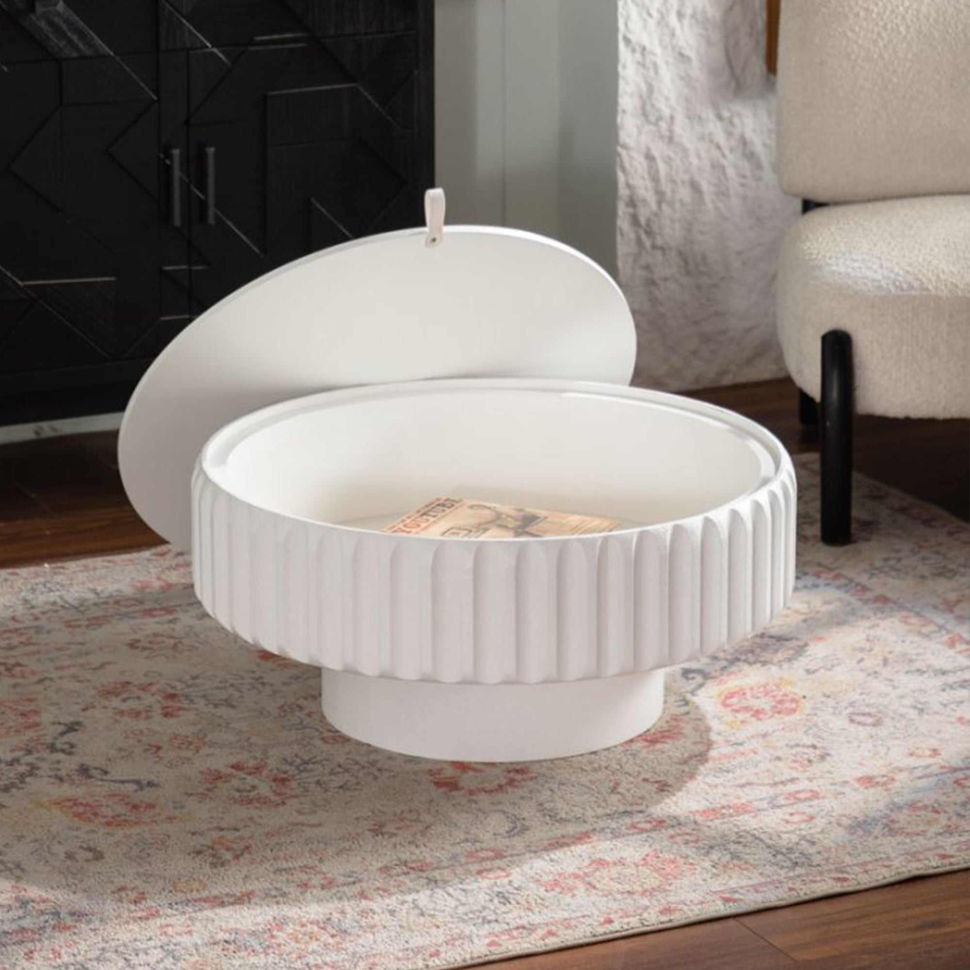 Round Fluted Storage Table with Lift-Off Lid