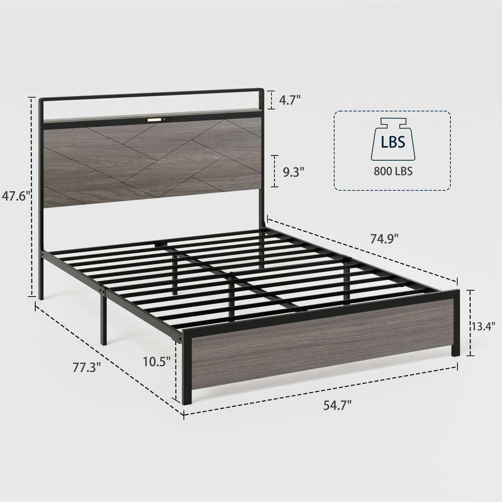 Antique Wooden Platform Bed Frame with Storage and LED Lights