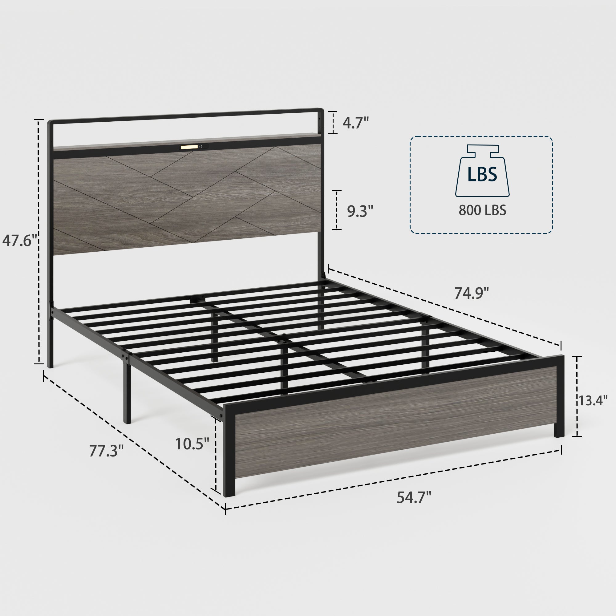 Antique Wooden Platform Bed Frame with Storage and LED Lights