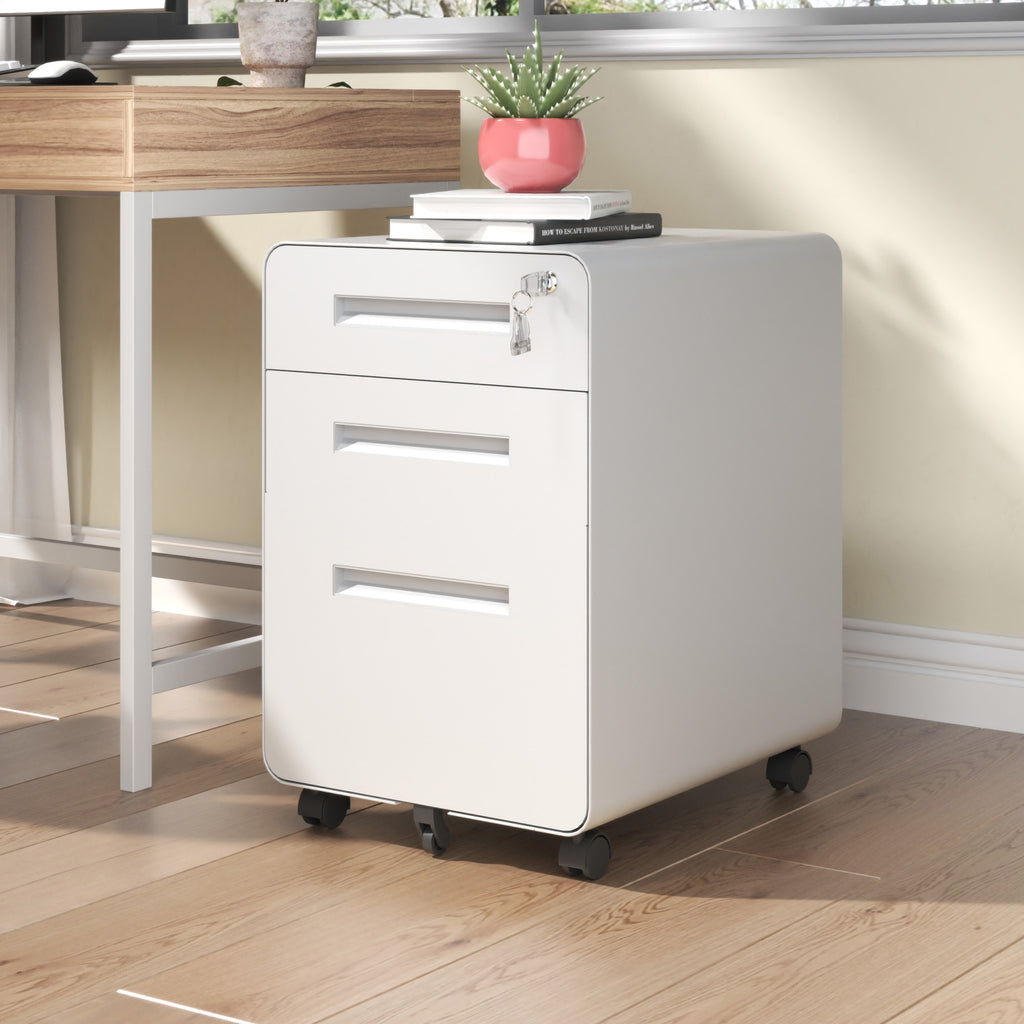 3-Drawer Wide Mobile File Cabinet with Lock