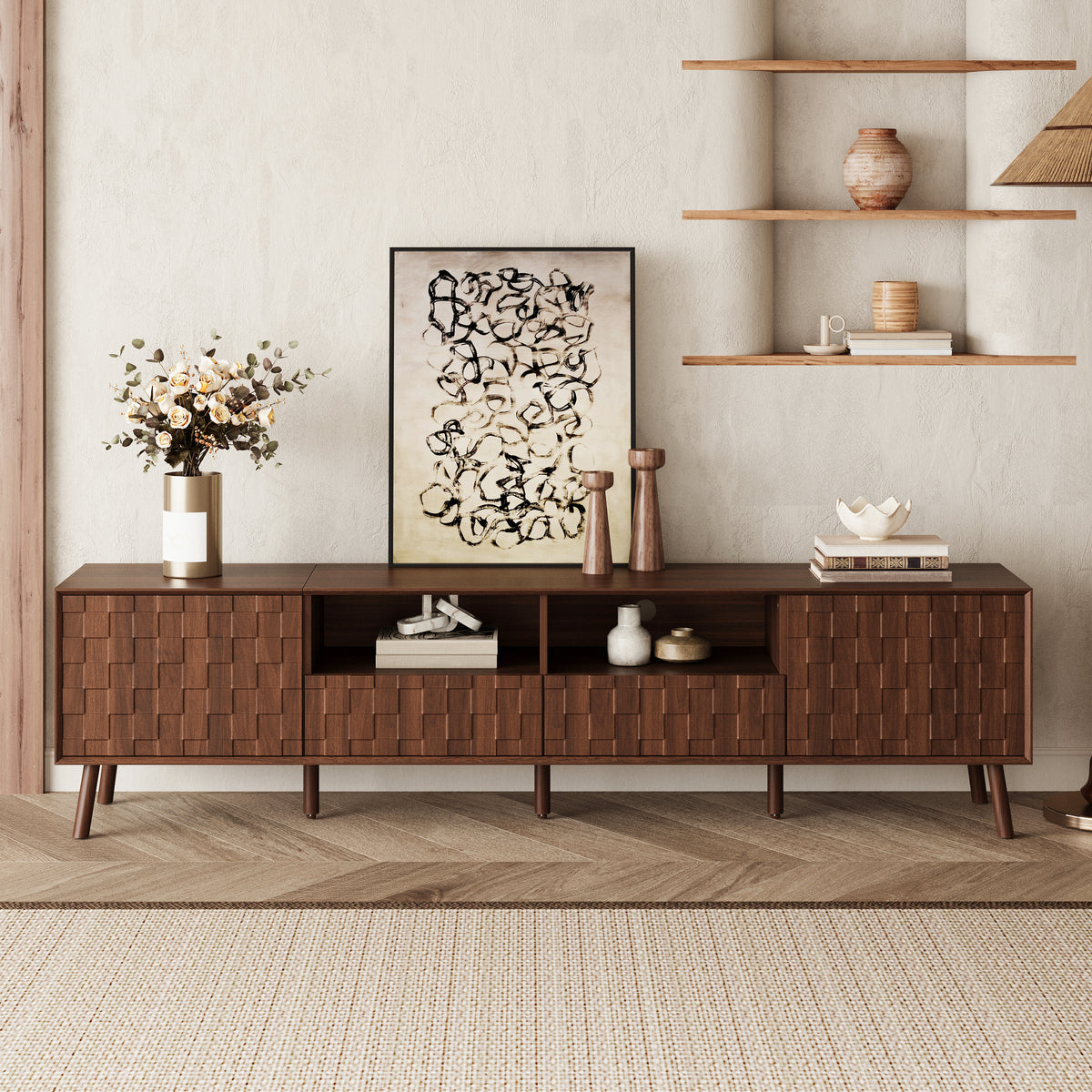 78-Inch Modern TV Stand with Solid Wood Legs, Walnut