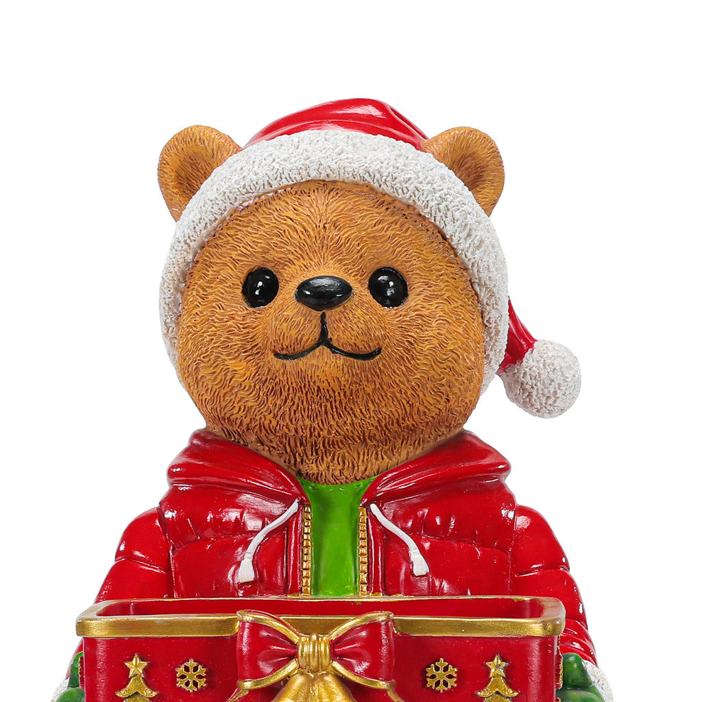 Christmas Bear Statue with Storage Tray, Red Resin, 18.5 Inches