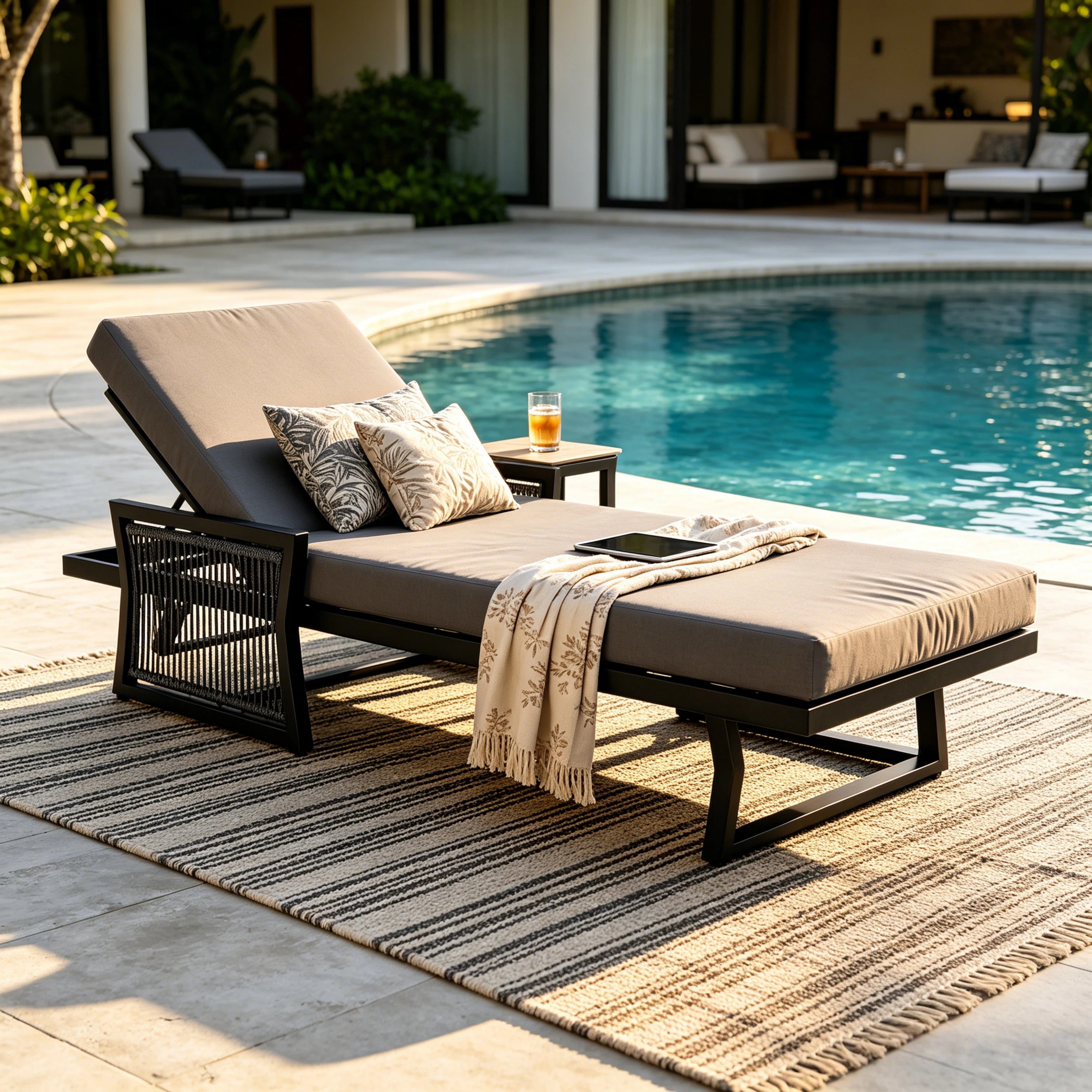 Black Iron Outdoor Chaise Lounge with Mixed Rope