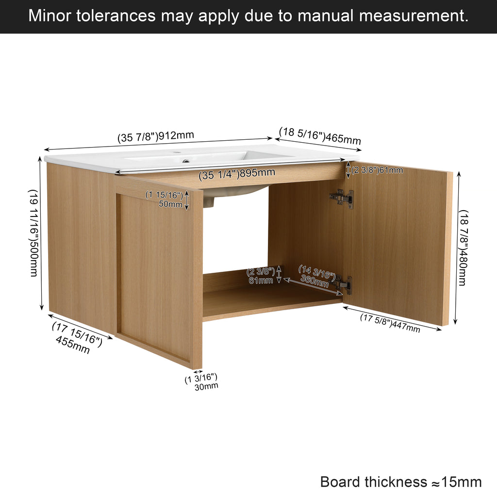 36" Floating Bathroom Vanity with Sink, Wall-Mounted Modern Light
