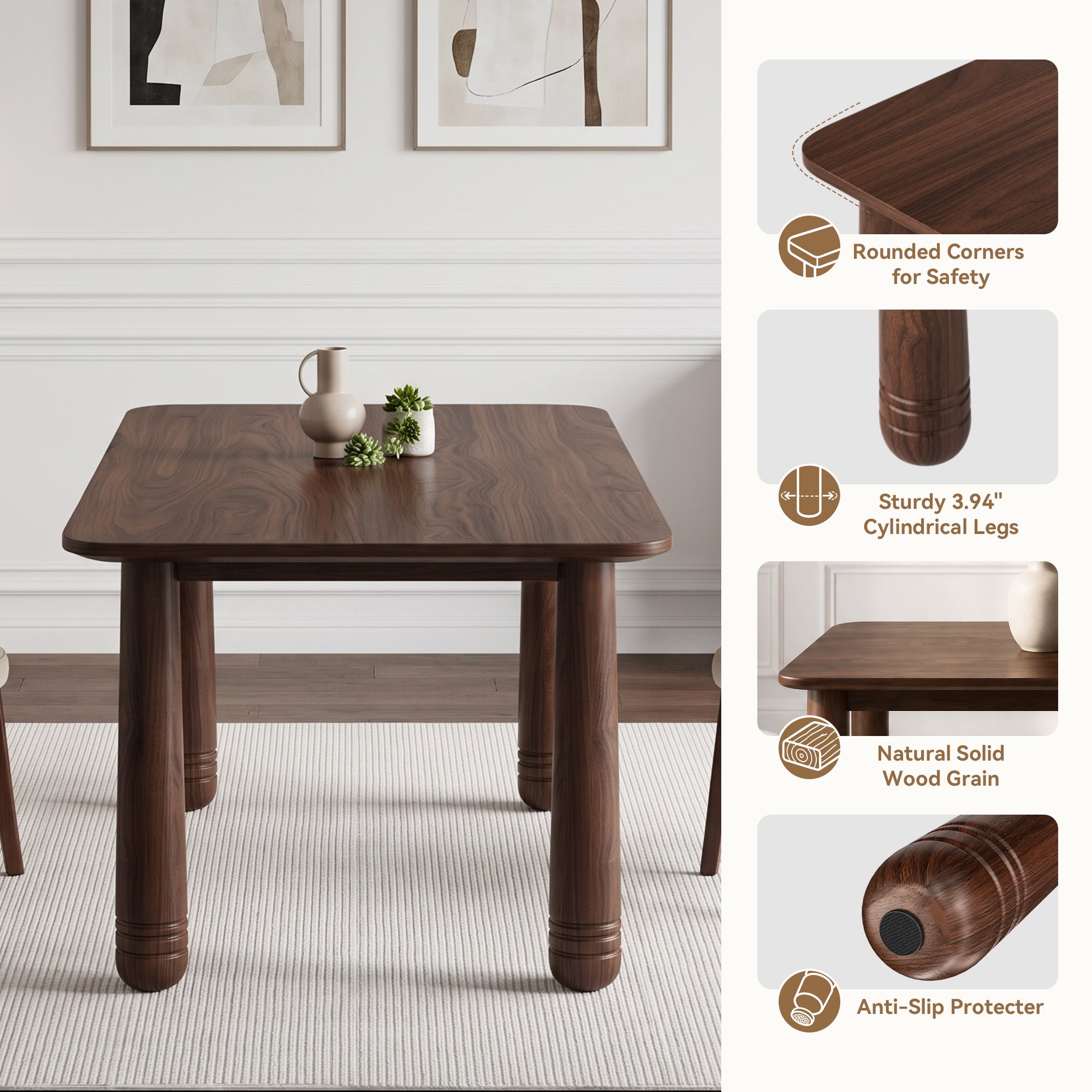 63" Solid Wood Dining Table Set with 4 Upholstered Chairs
