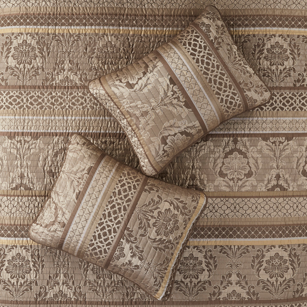 6 Piece Jacquard Quilt Set with Throw Pillows Brown/Gold King/Cal King