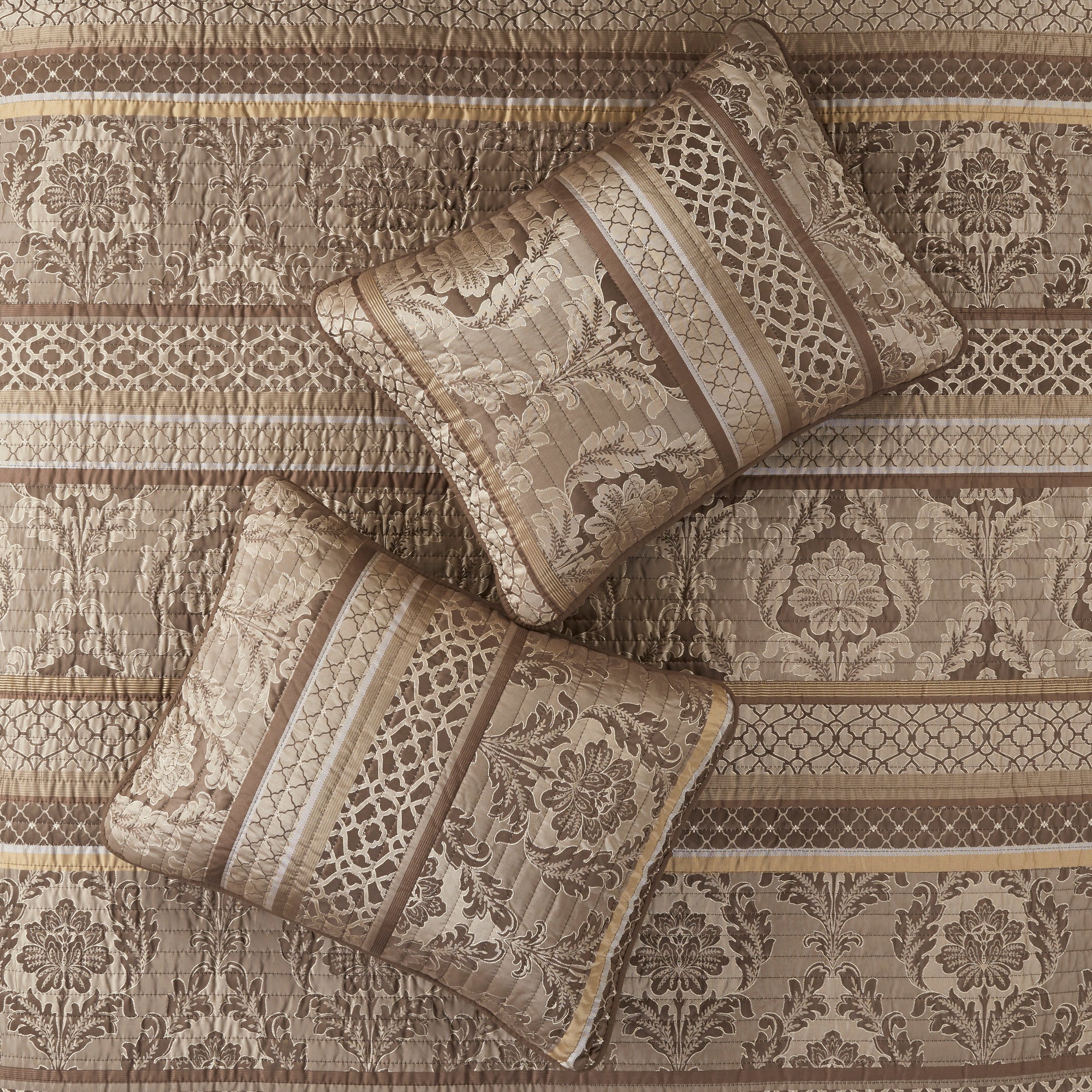 6 Piece Jacquard Quilt Set with Throw Pillows Brown/Gold King/Cal King