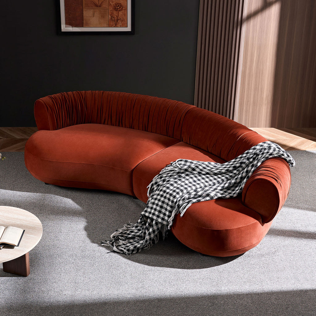 Modern Curved Sofa with Elegant Crescent Silhouette in Orange-Red