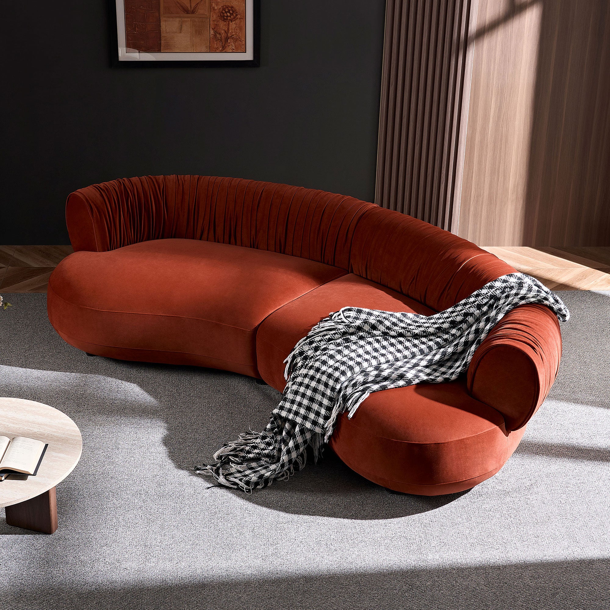 Modern Curved Sofa with Elegant Crescent Silhouette in Orange-Red