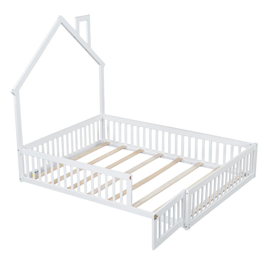 Wood Full Size House Platform Bed with Guardrail