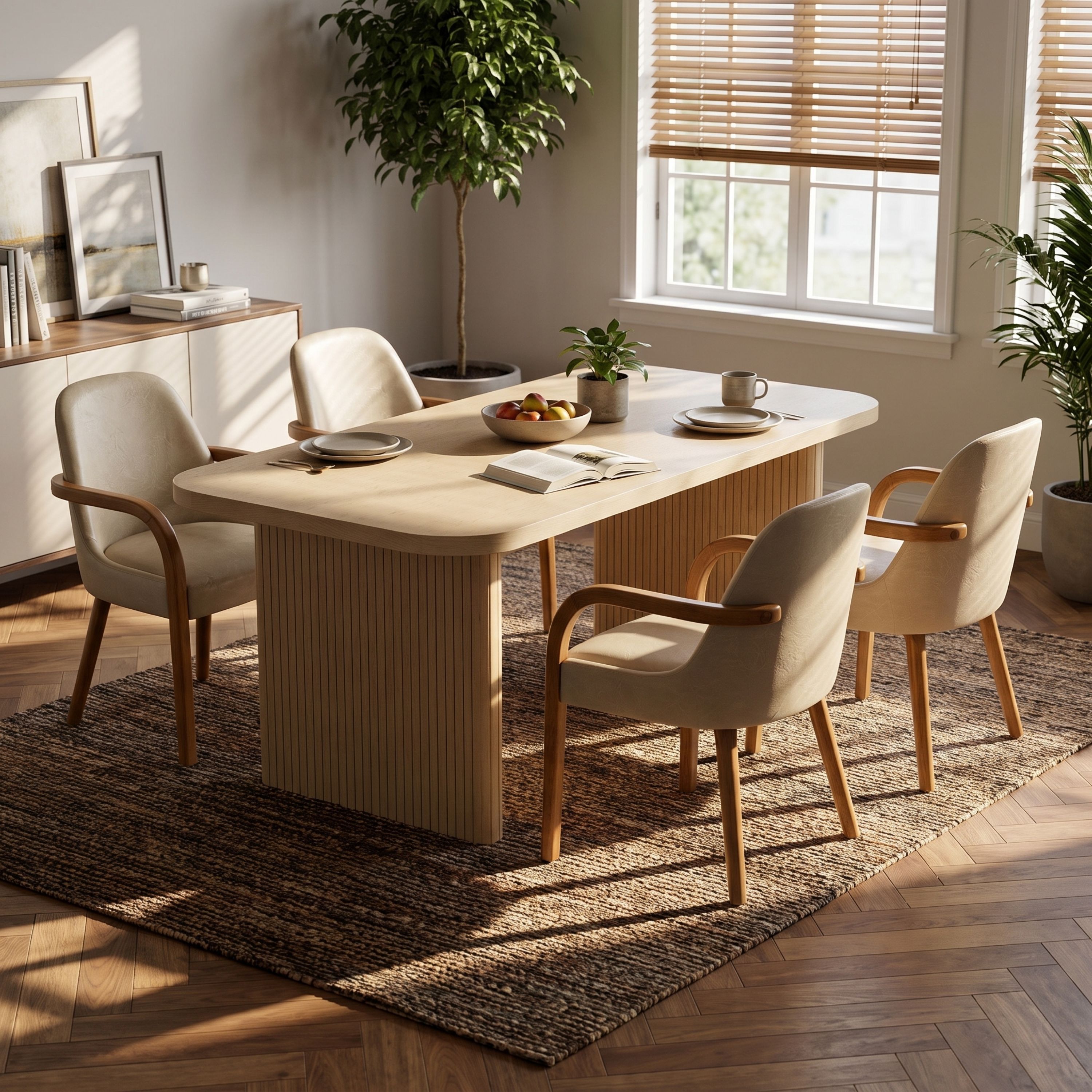 5 Piece Indoor Dining Set, 68.75" Dining Table & 4 Khaki PU Dining Chairs
