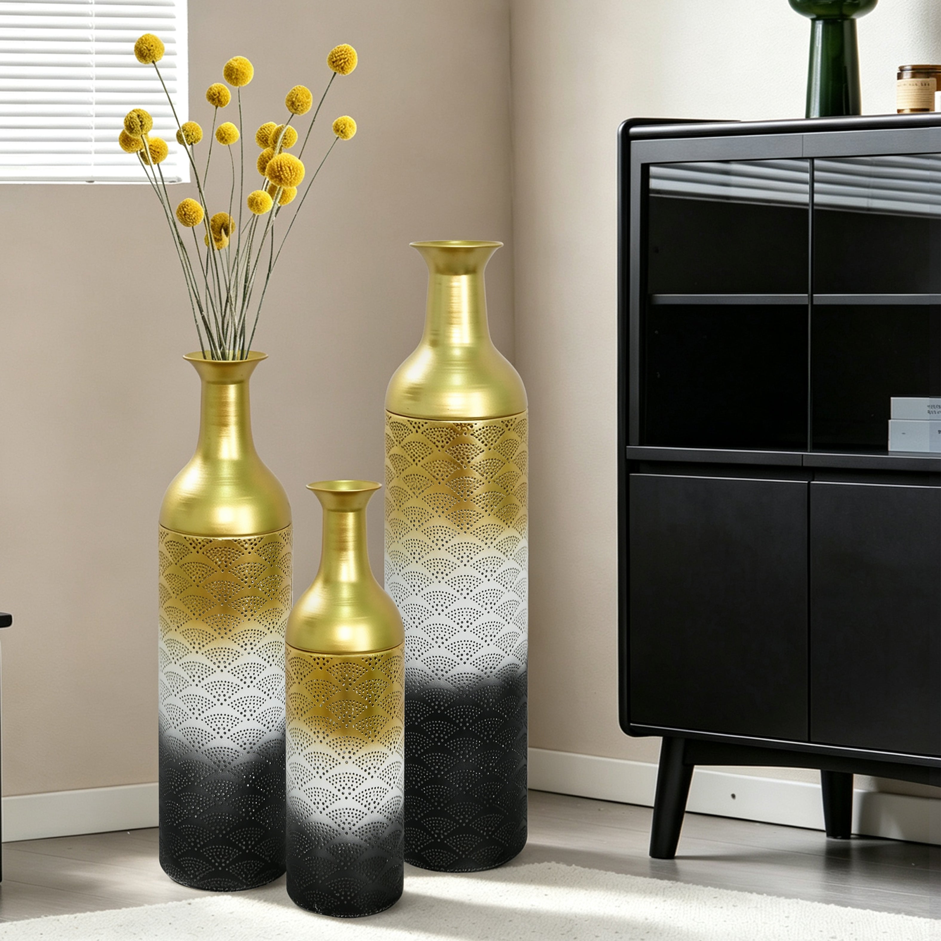 Decorative Metal Vases Set of 3, Leaf Pattern Floor Vases