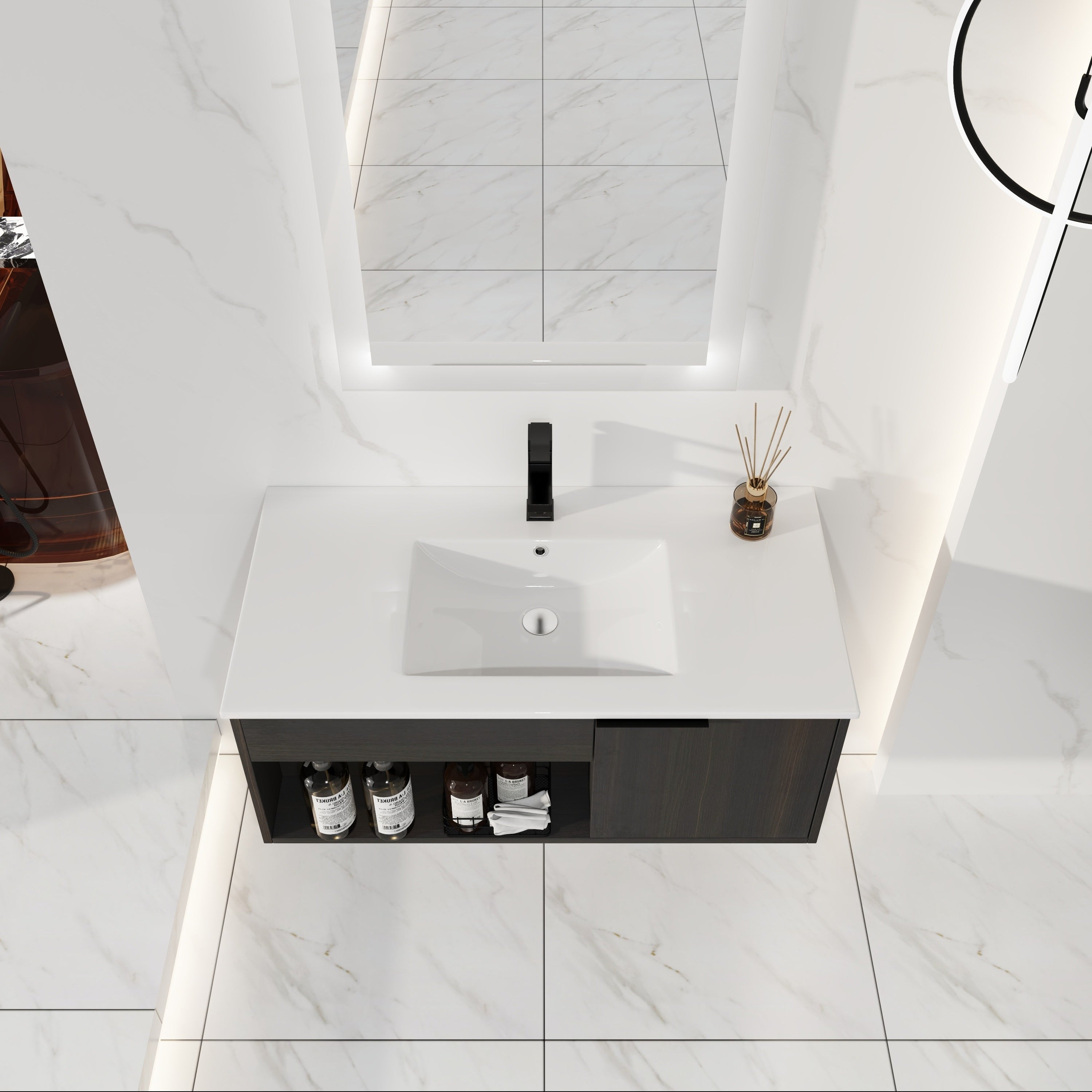 36" Wall-Mounted Floating Bathroom Vanity with Ceramic Sink – Modern Dark