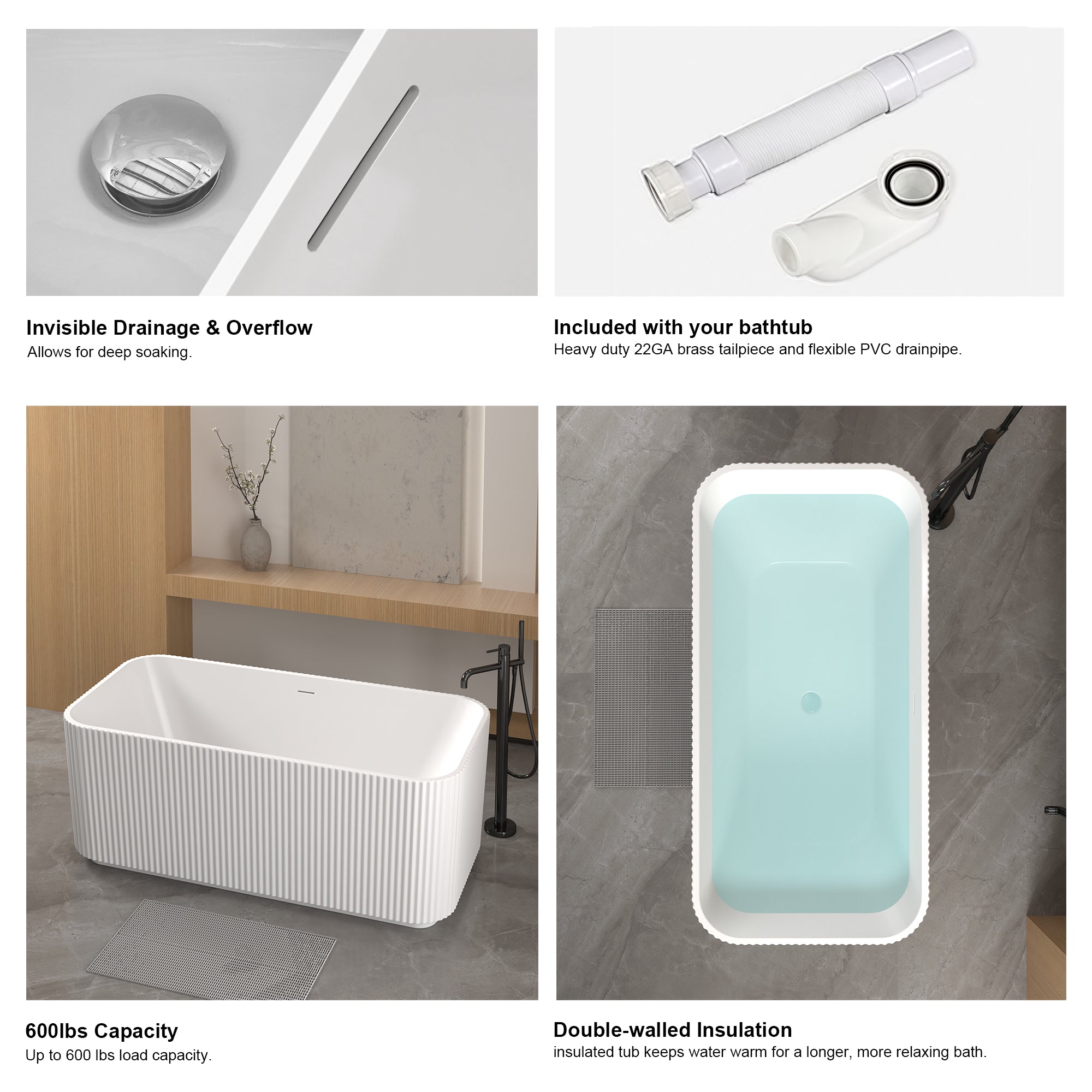 59" Rectangle Linear Acrylic Freestanding Bathtub
