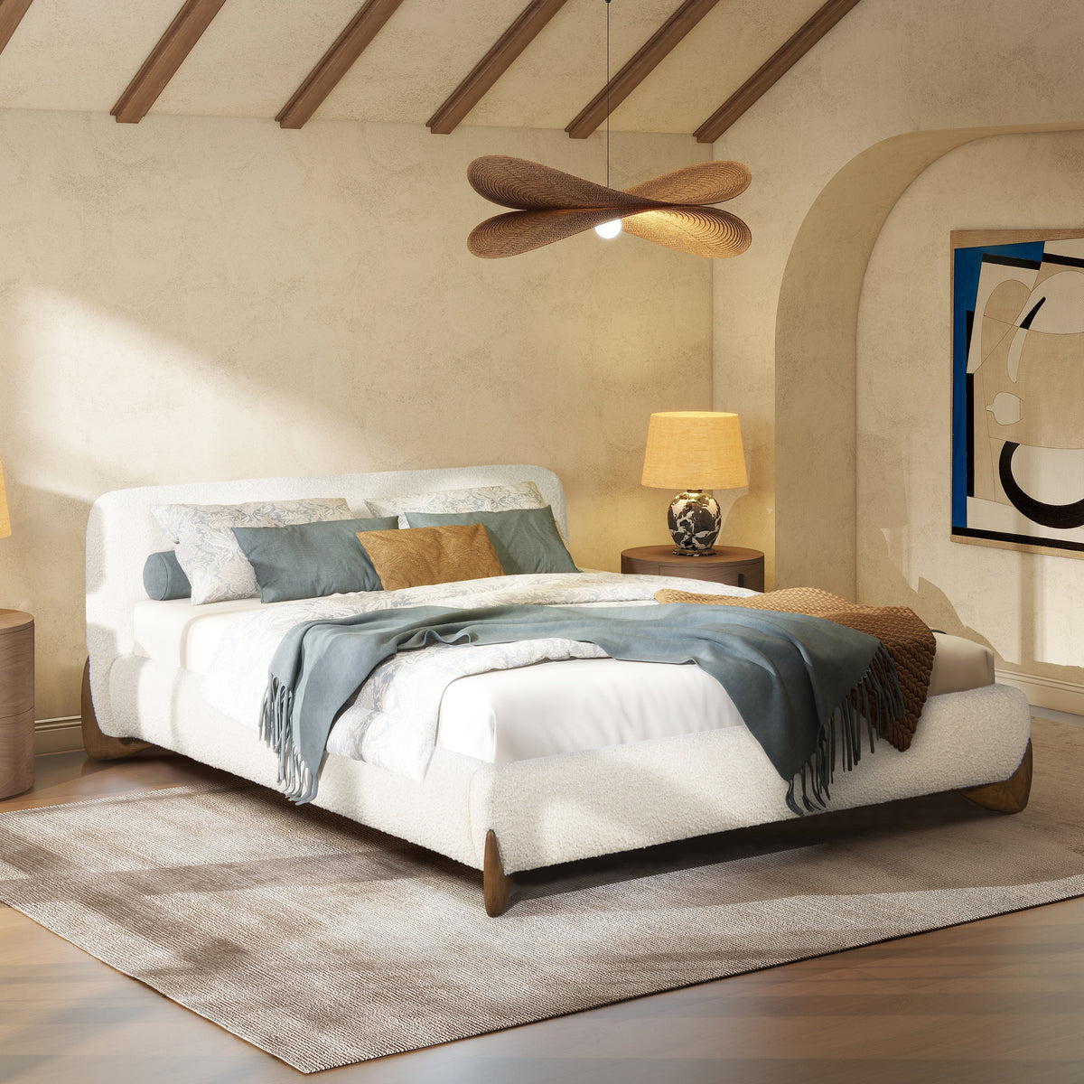 Alpine Puffy Modern Platform Bed, Queen, White Boucle