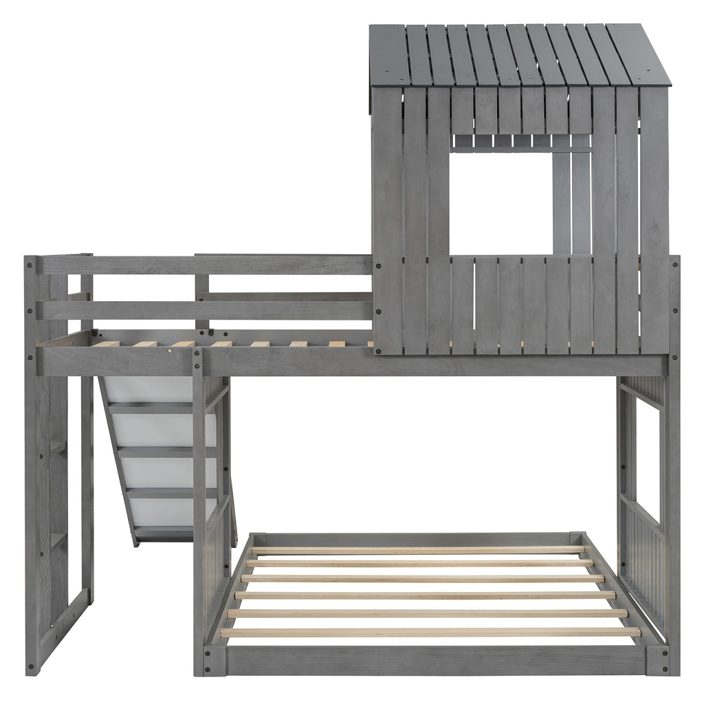Wooden Twin Over Full Bunk Bed with Playhouse