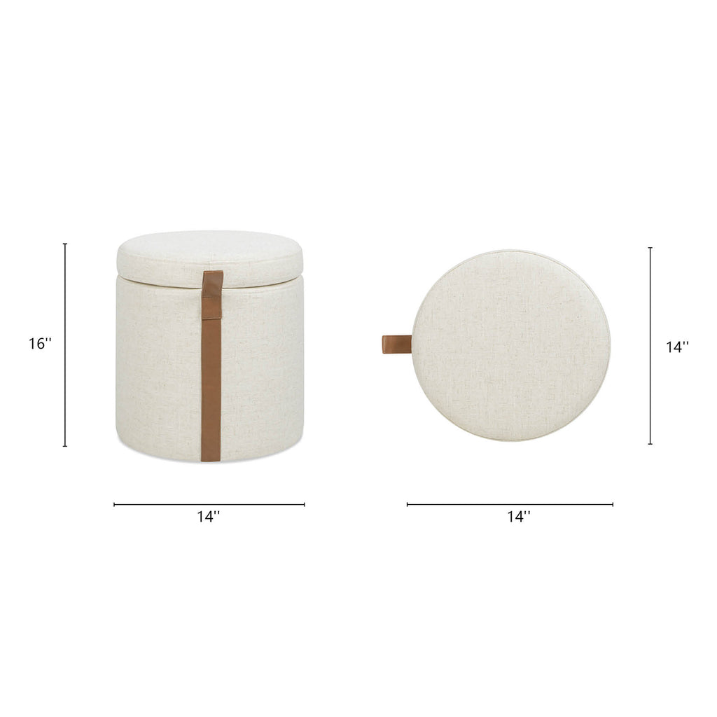 Brandy 14" Round Upholstered Storage Ottoman with Leather Accent