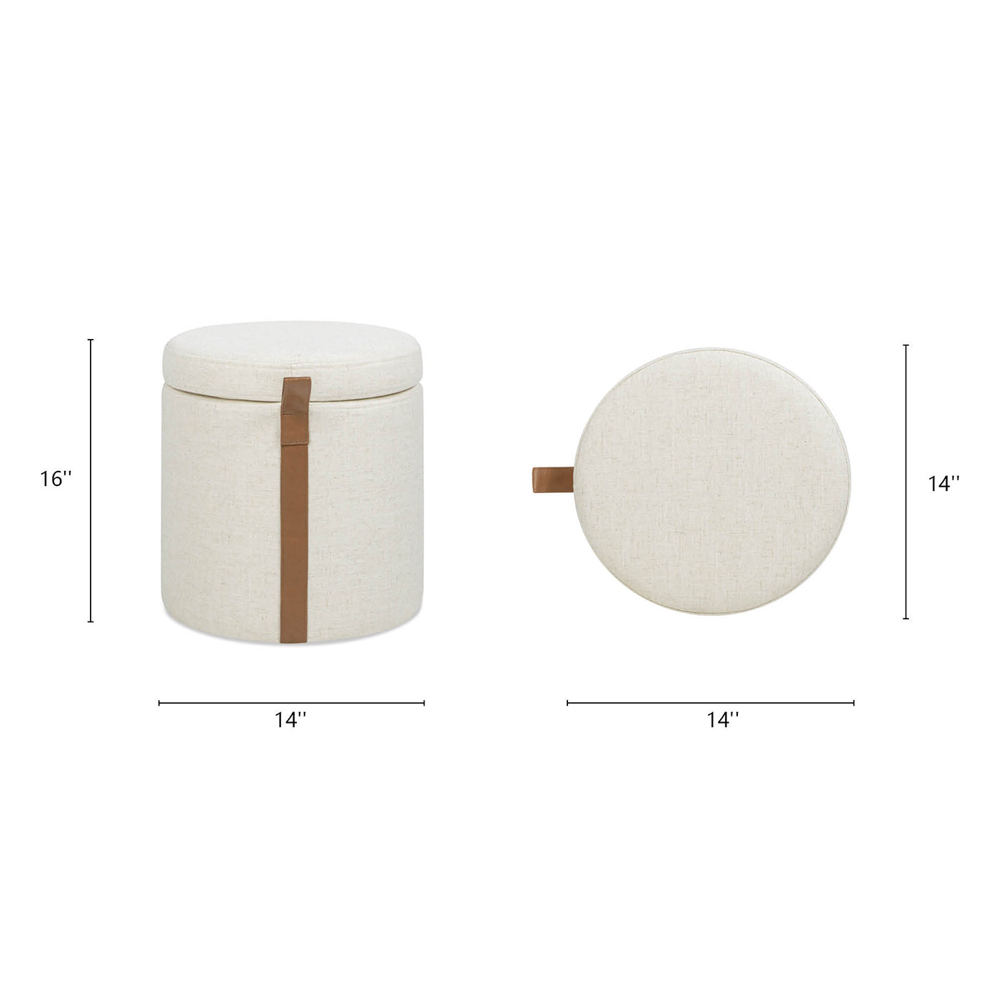 Brandy 14" Round Upholstered Storage Ottoman with Leather Accent