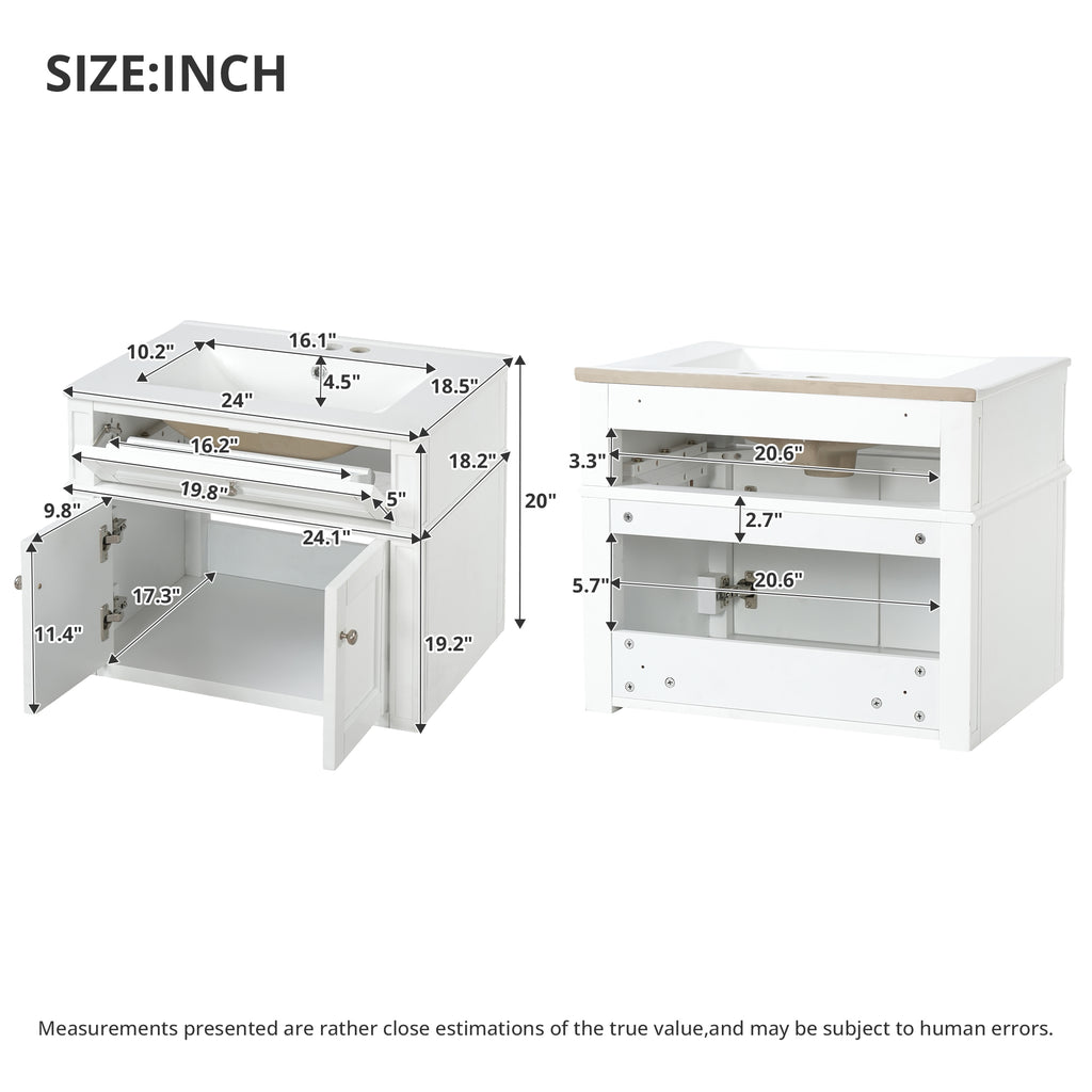 24-Inch Wall-Mounted Bathroom Vanity with Ceramic Sink and Soft-Close Doors, White