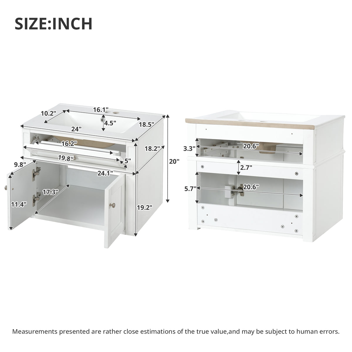 24-Inch Wall-Mounted Bathroom Vanity with Ceramic Sink and Soft-Close Doors, White