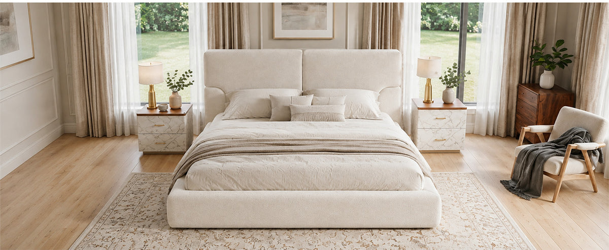 King Platform Bed Frame with Padded Textured Fabric Headboard, Modern Low Profile Metal Foundation, No Box Spring Required, Sturdy Reinforced Iron Frame, Quick Assembly, Squeak Free