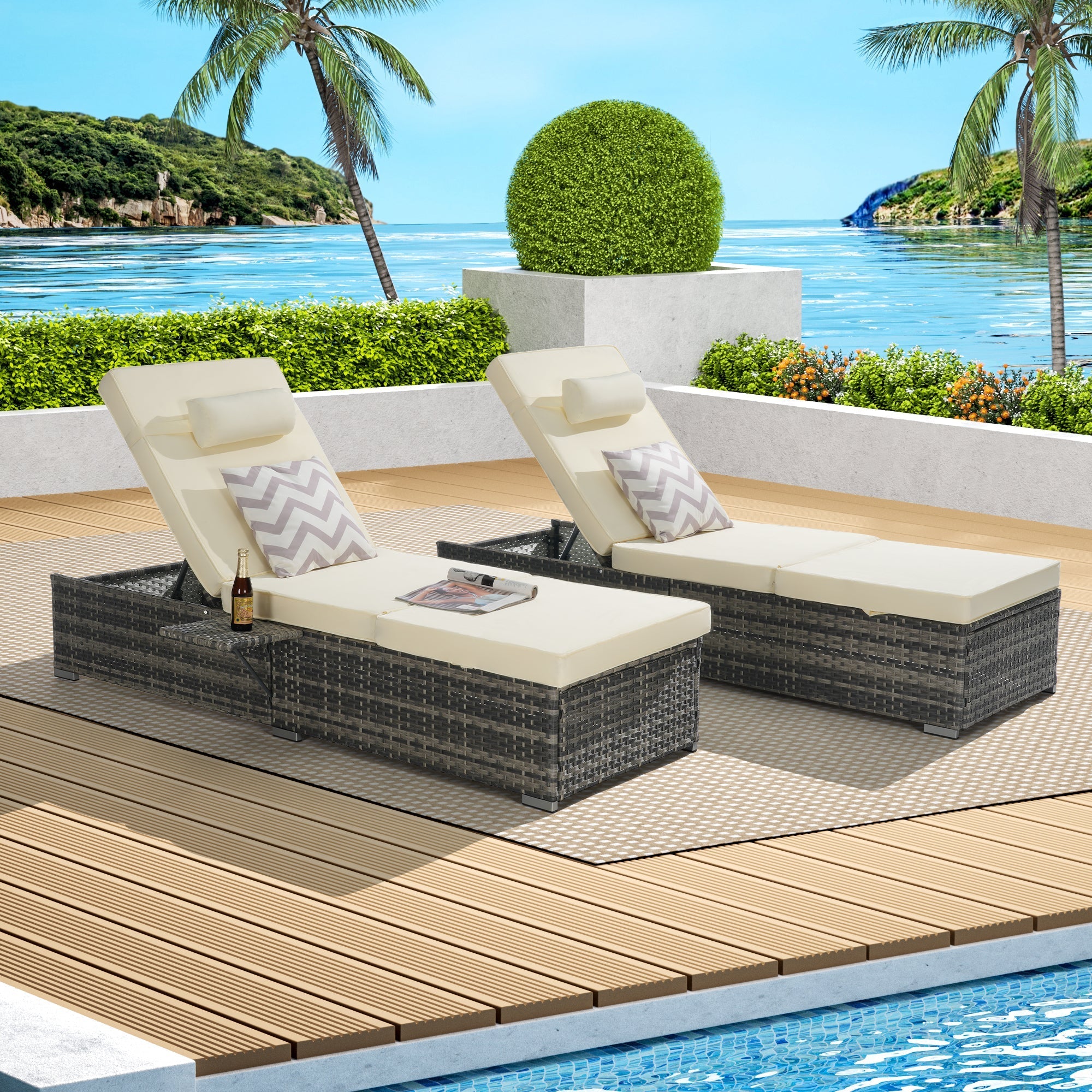 Outdoor Chaise Lounge Chair Set of 2 with Storage and Cushions