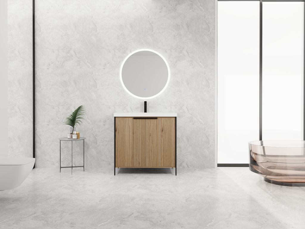 36" Freestanding Bathroom Vanity with Resin Sink & 2 Soft-Close Cabinet Doors