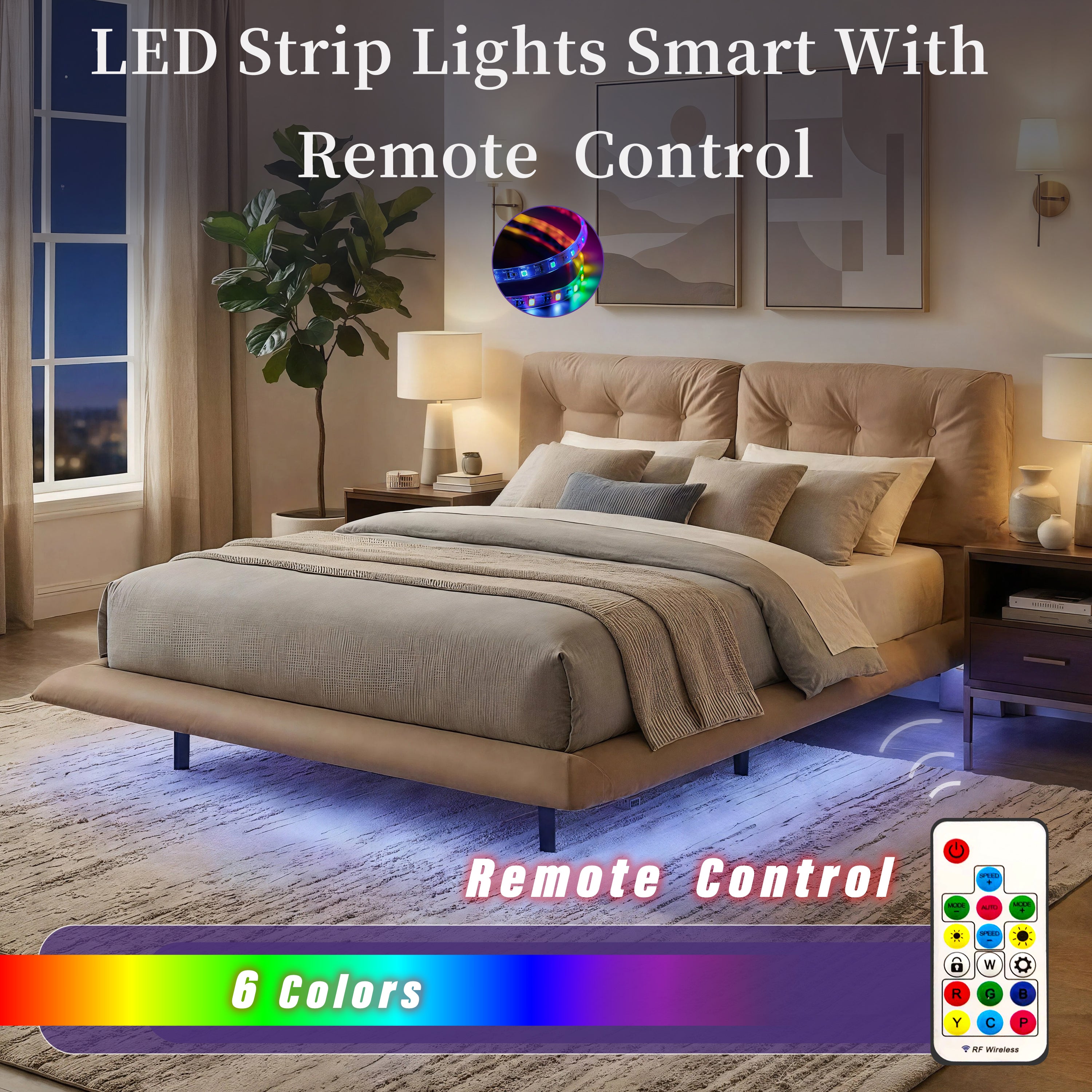 Queen Size Upholstered Floating Bed Frame with LED Lights