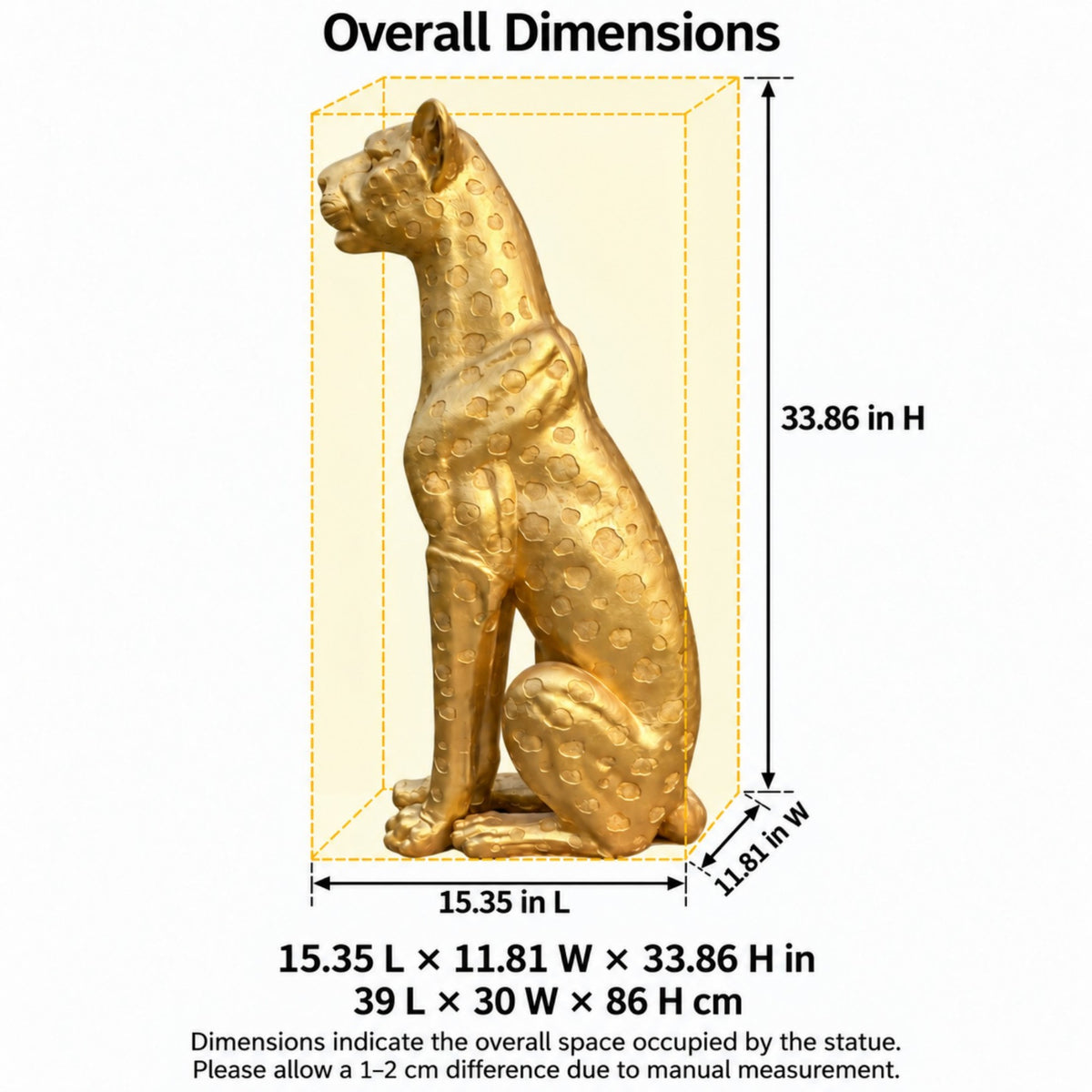 Gold Leopard Statue, 33.86 Inch Tall, Resin Fiberglass Seated Sculpture