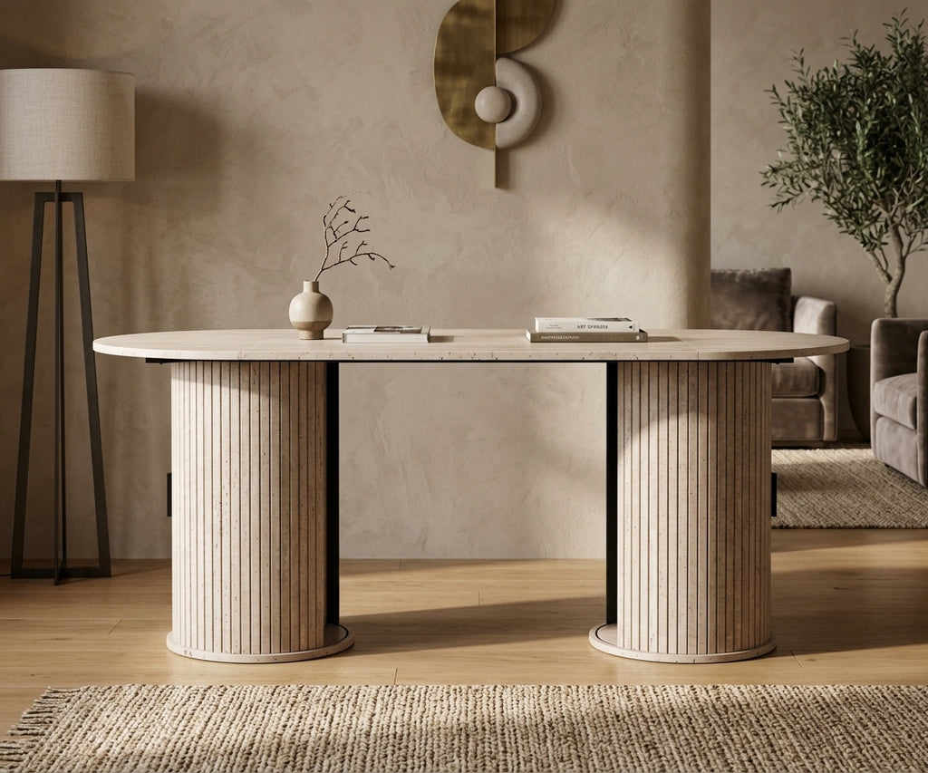 71" Oval Dining Table for 8, Modern Fluted Pedestal Dining Room Table with Sliding Door Storage Cabinet