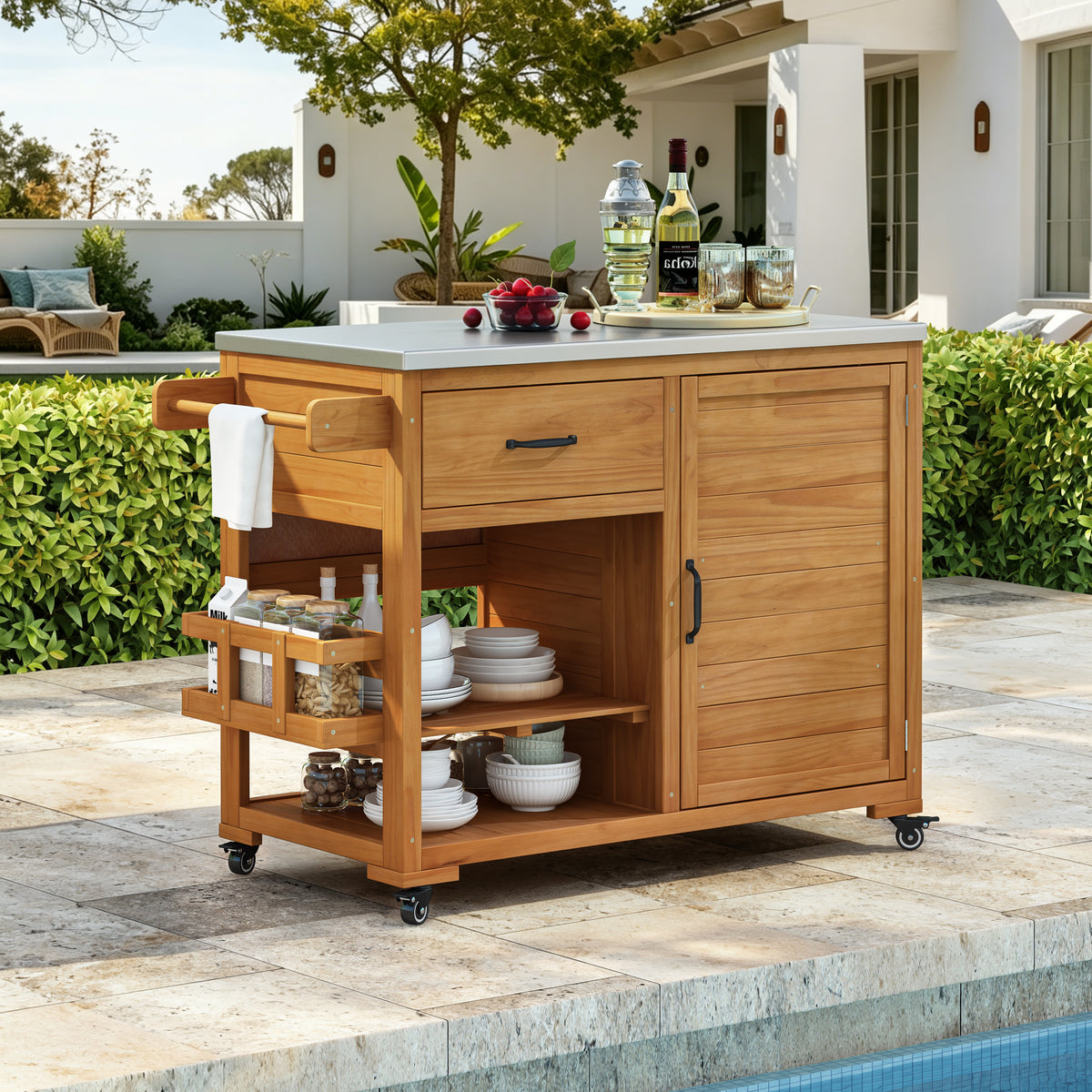 TOPMAX 43.3-Inch Outdoor Kitchen Island, Solid Fir Wood Grill Cart with Stainless Steel Top, Natural