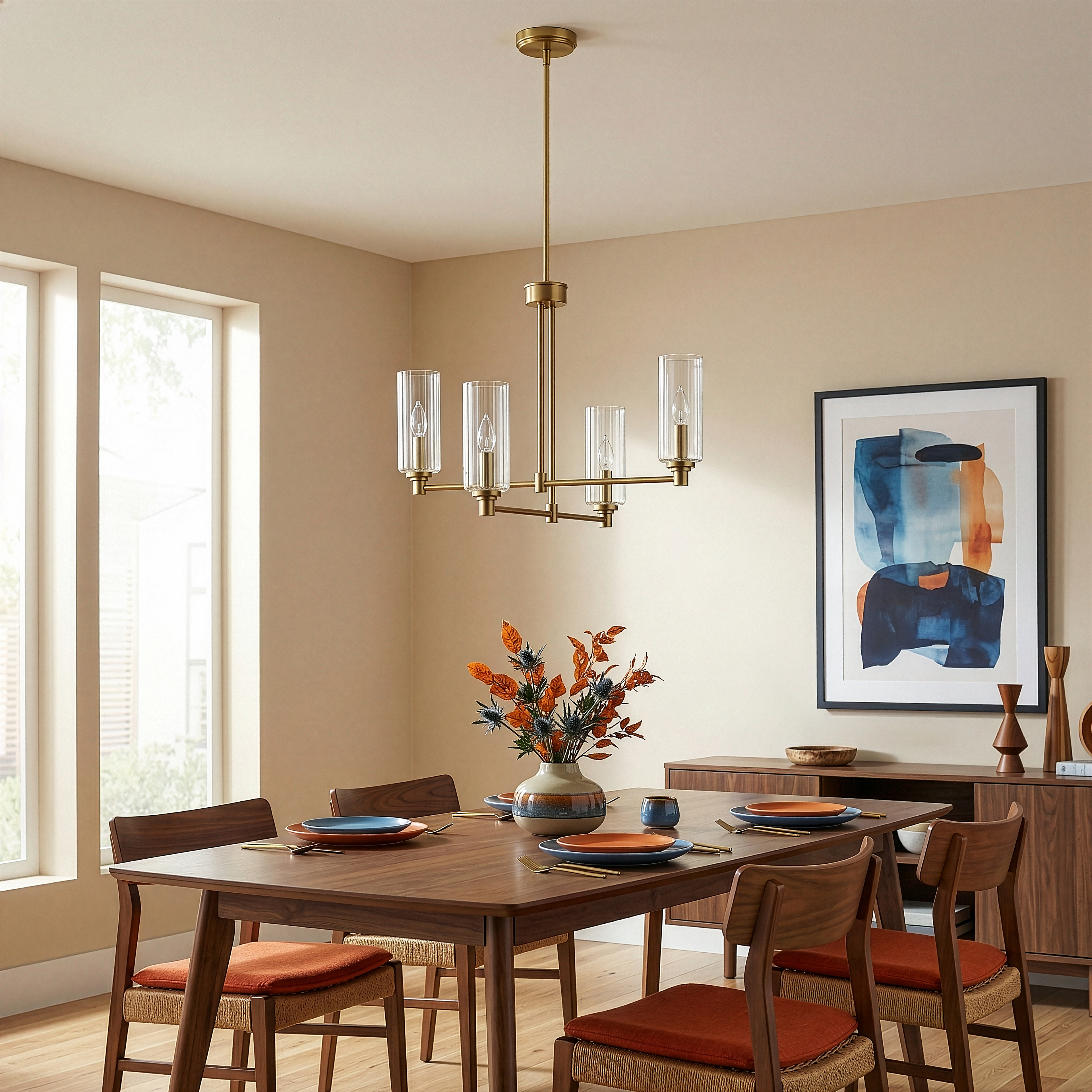 Enigma Four Lights Chandelier With Clear Ribbed Glass - Satin