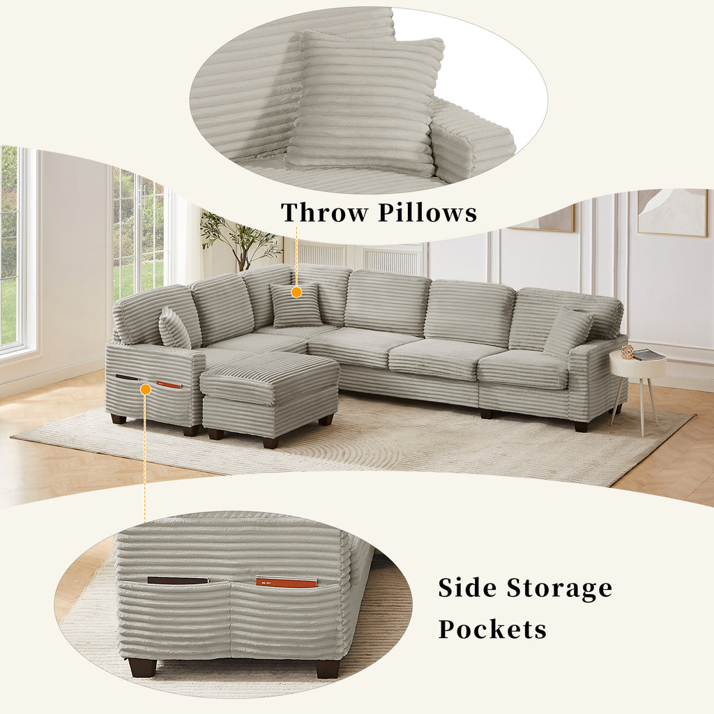 U-Shaped Sectional Sofa with Movable Ottoman and Side Storage Pockets