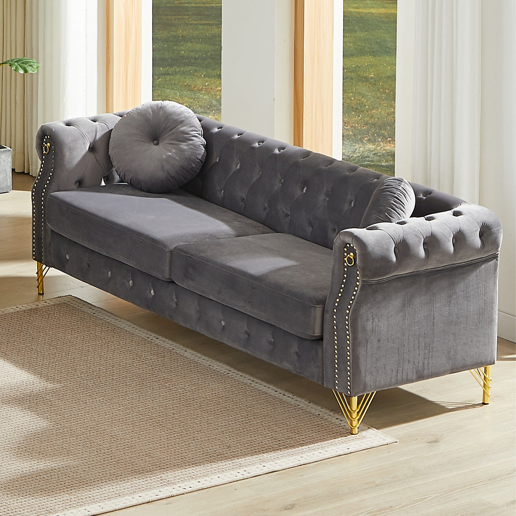 82-Inch Velvet Chesterfield Sofa with Two Round Pillows