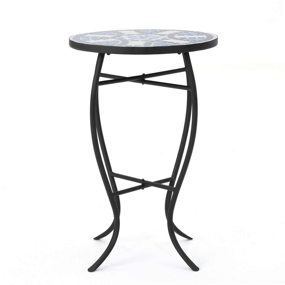 Outdoor Round Side Table with Mosaic-Style Top and Curved Iron Legs