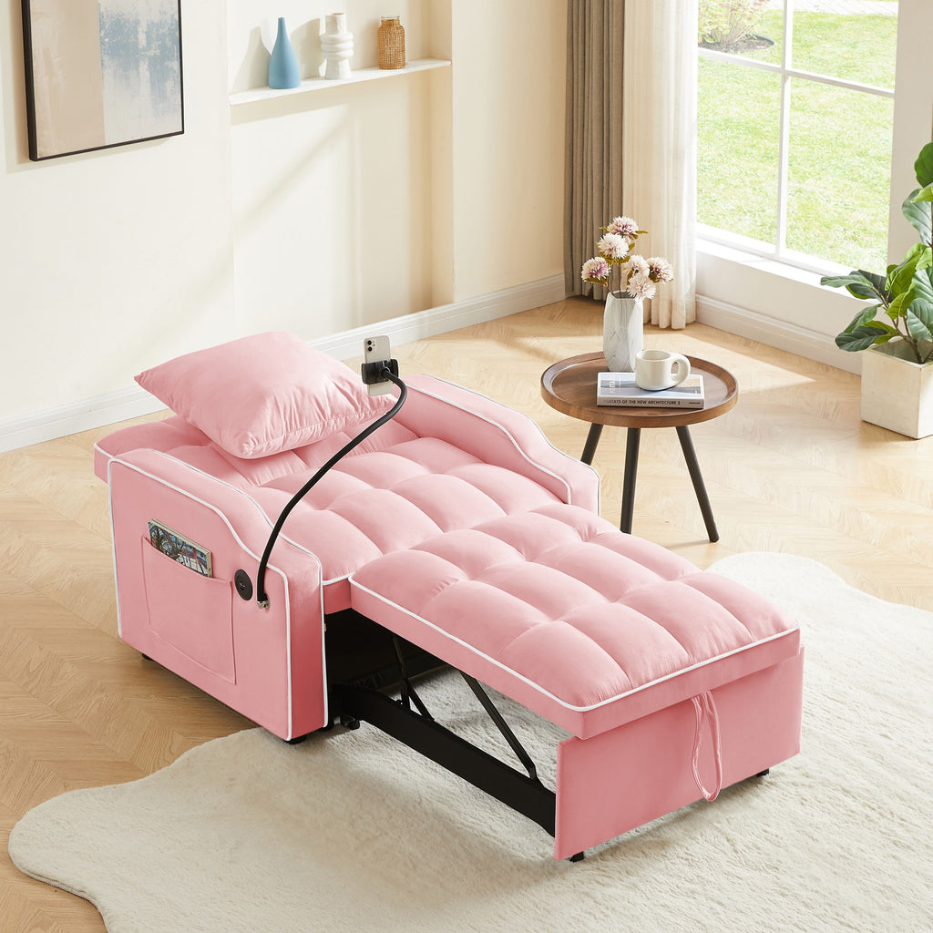 3-in-1 Convertible Sleeper Chair, Pink Velvet with USB Charging