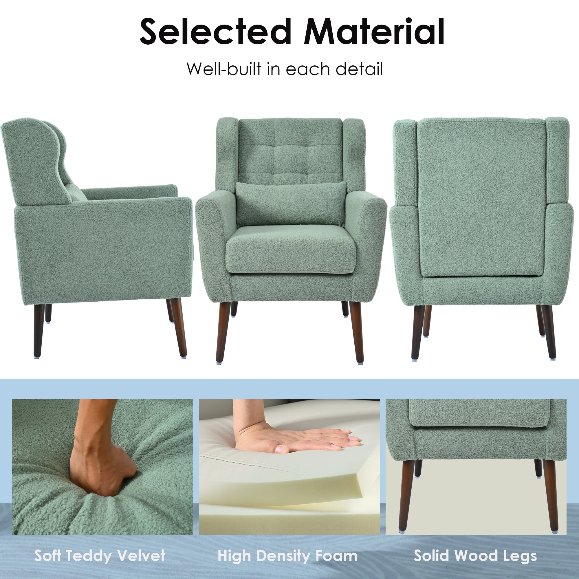 Modern Accent Chair in Light Green Teddy Fabric
