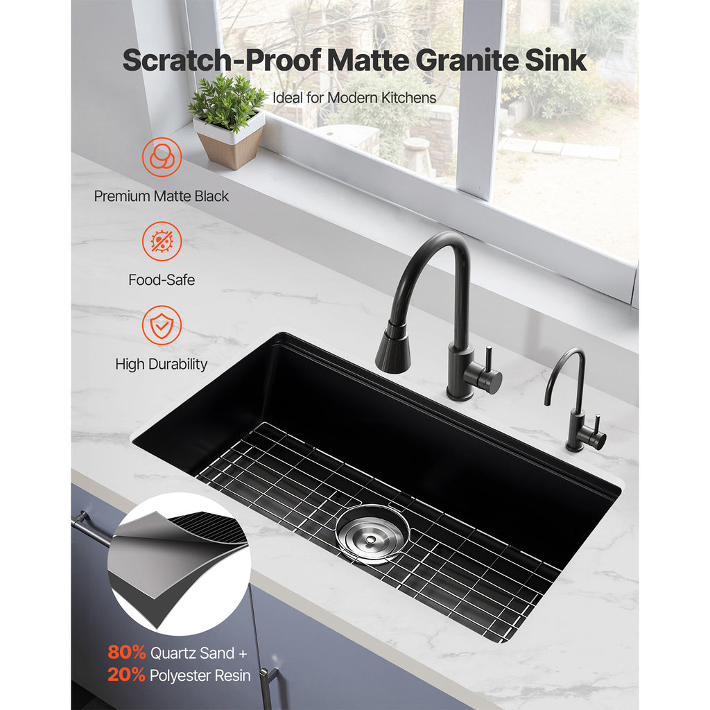 30 Inch Granite Kitchen Sink Undermount Single Bowl Drop-In Basin for RV Bar