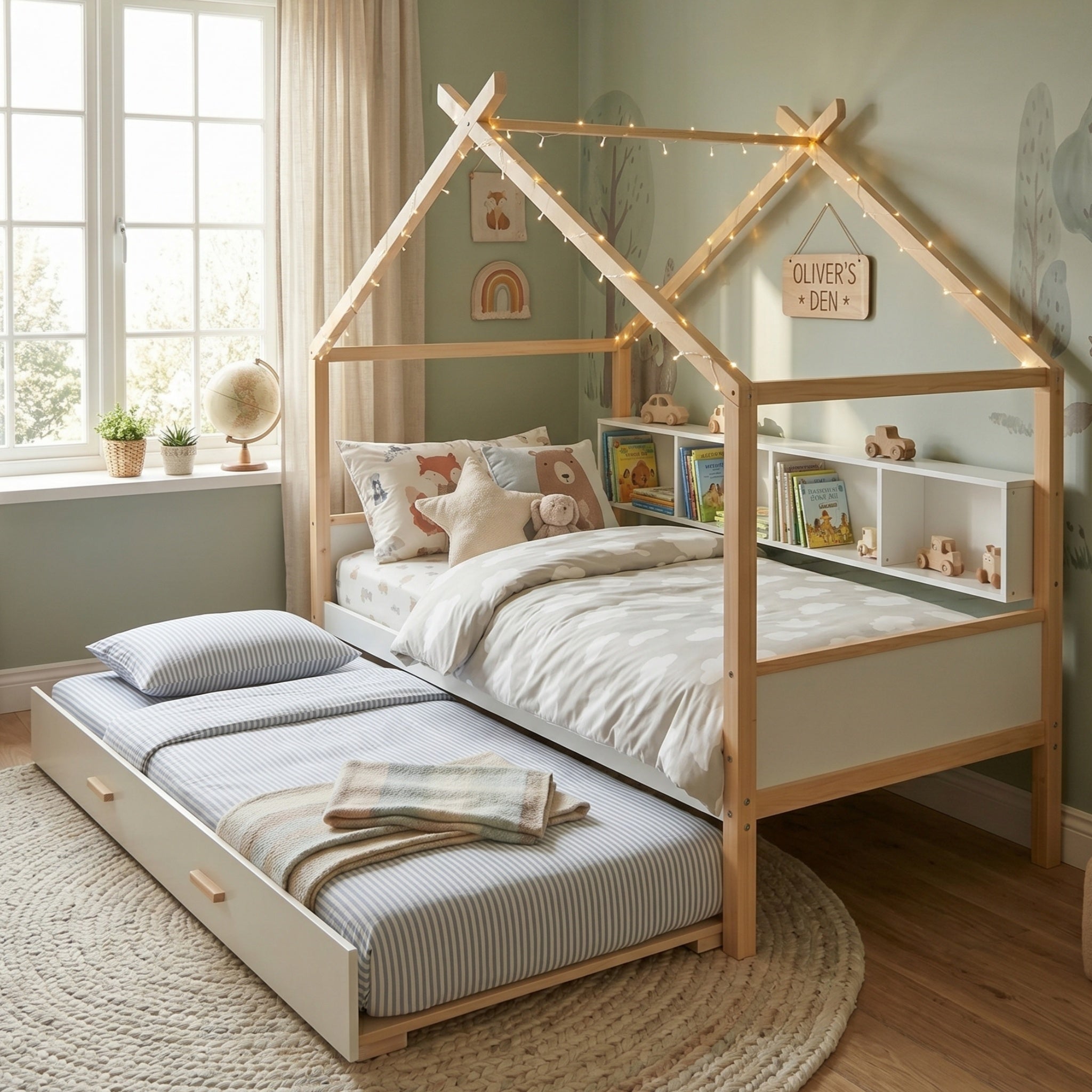 White Twin Size Wooden House Bed with Trundle and Bookshelf