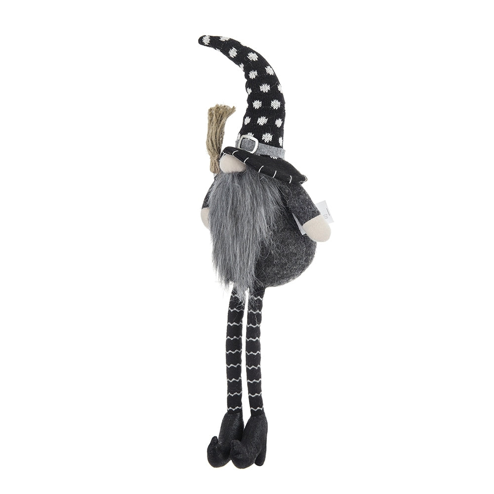 Black Halloween Gnome – 25'' Fabric Decor with Broomstick & Dangly Legs