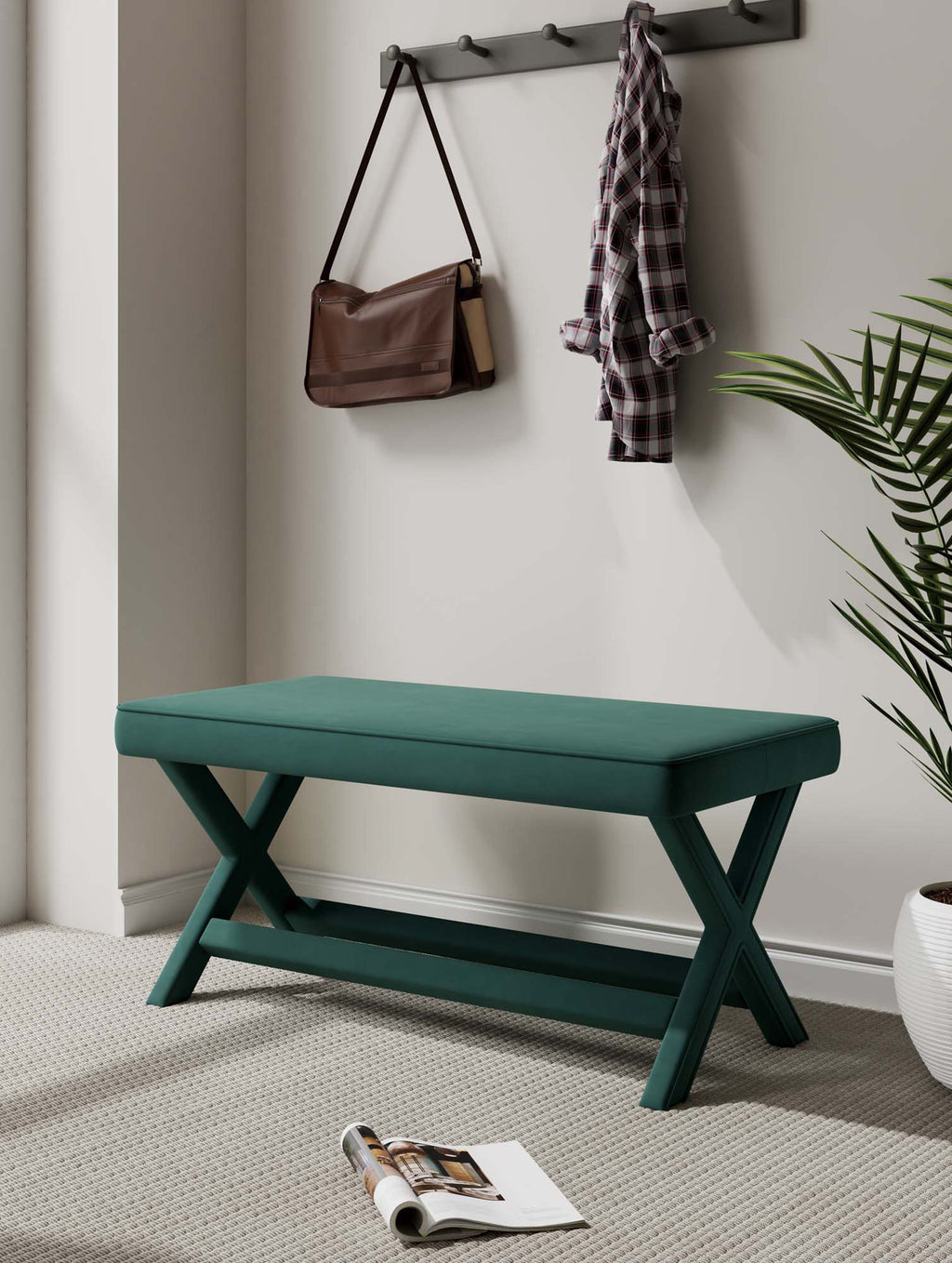 Abigail Upholstered Velvet Accent Bench in Forest