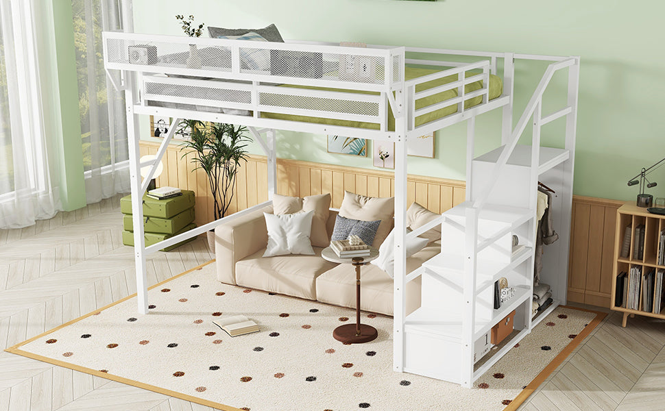 Queen Size Loft Bed with Stairs and Storage Shelves
