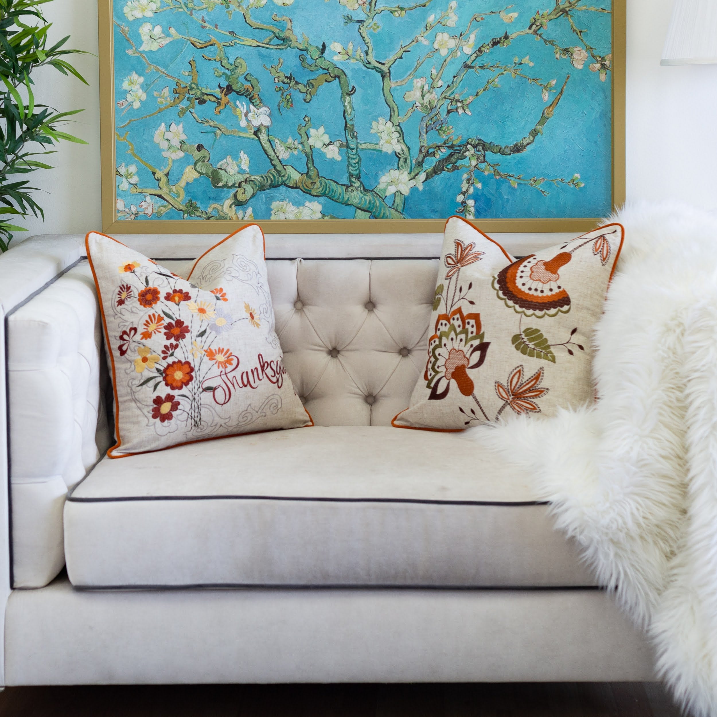 Thanksgiving Embroidered Floral Throw Pillow – Autumn Harvest Accent Cushion Set