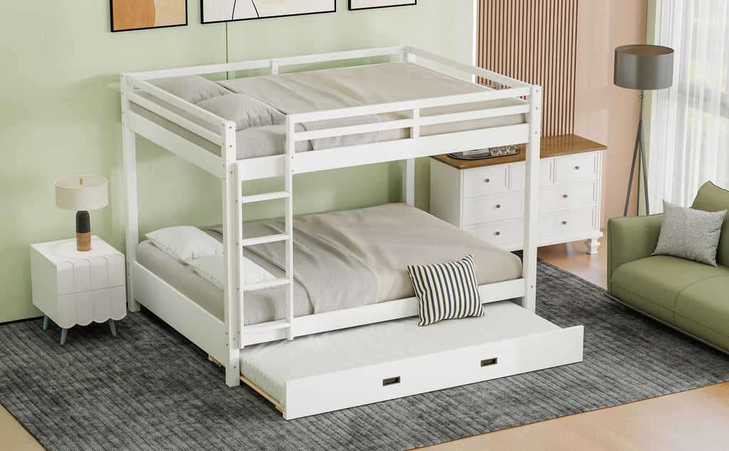 Wood Queen Size Bunk Bed with Ladder and Trundle