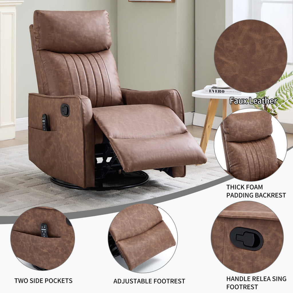 Brown Heat Massage Manual Recliner Chair with Rocker and Swivel