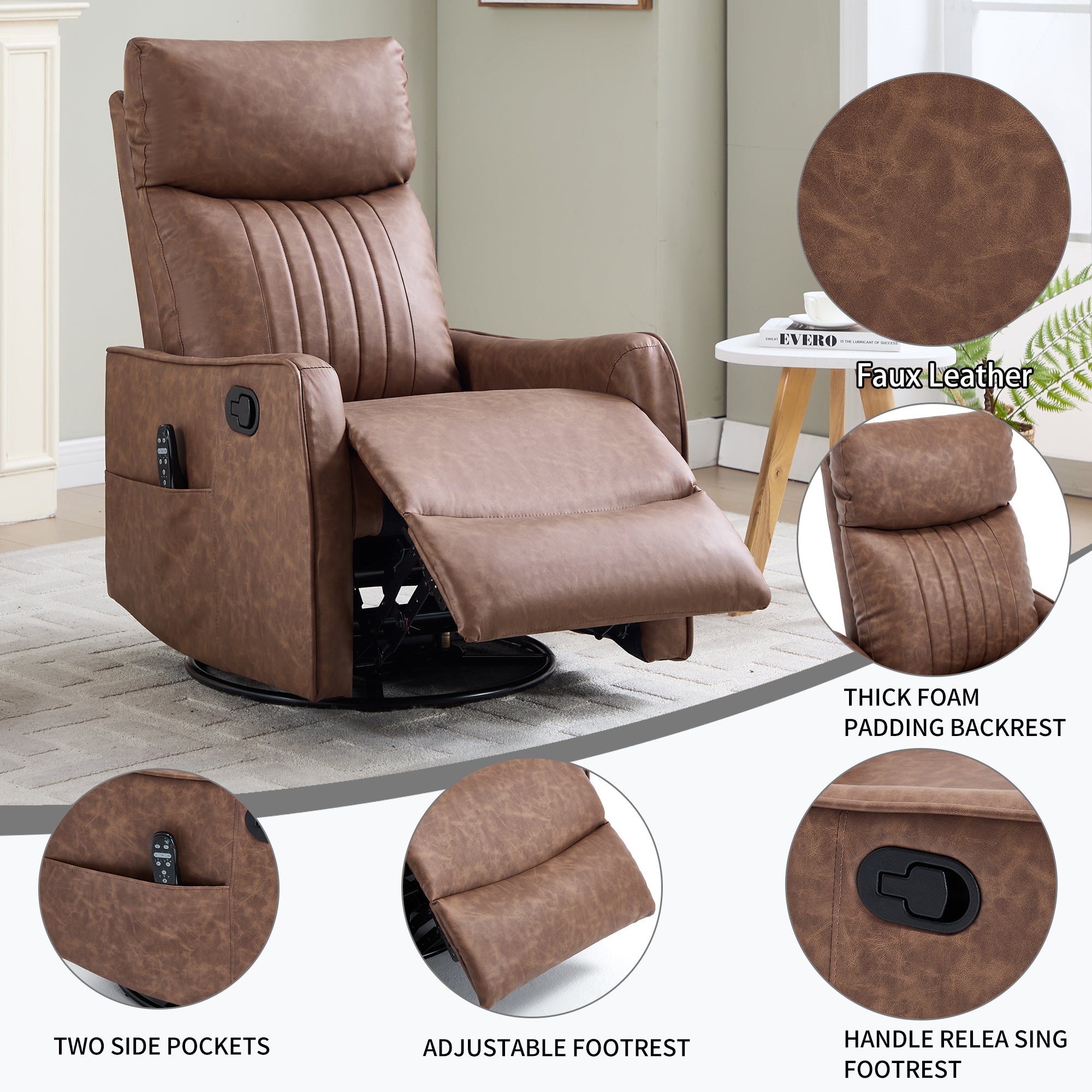 Brown Heat Massage Manual Recliner Chair with Rocker and Swivel
