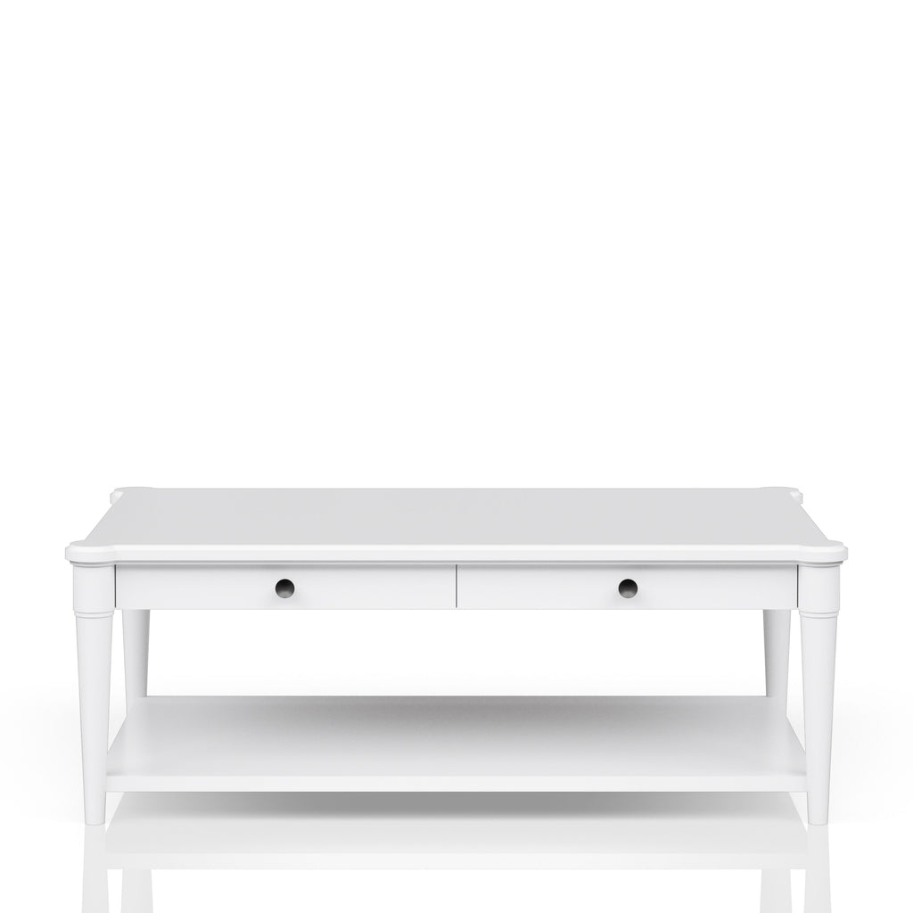 White Finished Cocktail Table With Two Storage Drawers and Casters